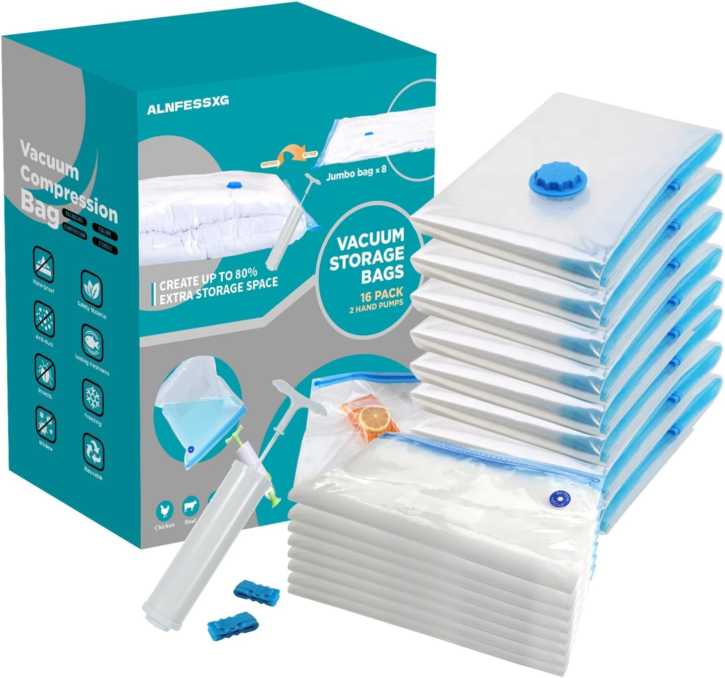 Vacuum Storage Bags Set, 16 Pack Reusable Compression Bags with Hand Pump, for Clothes, Blankets, Comforters