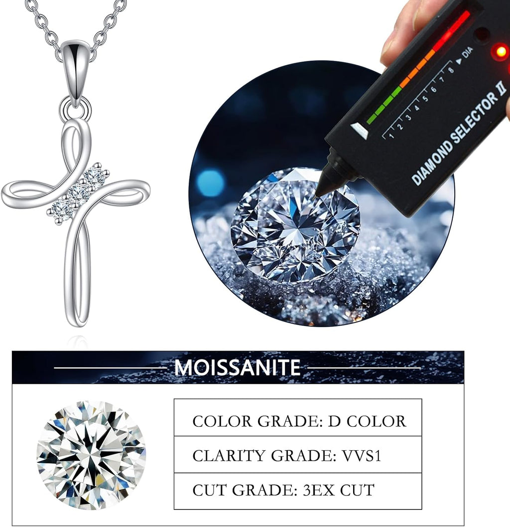 Moissanite Cross Necklace Sterling Silver Religious Created Diamond Crucifix Jewelry Gifts for Women Men