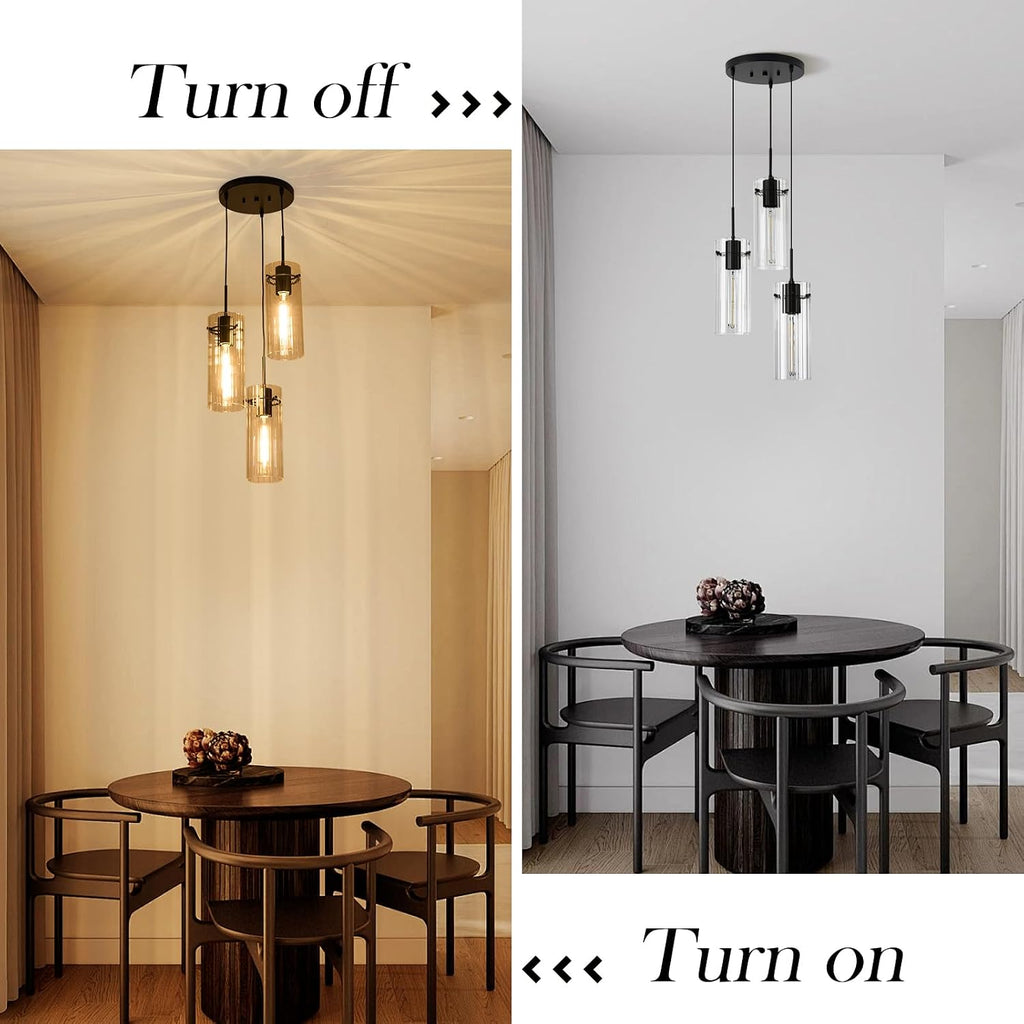 Modern Cluster Pendant Lights, Black Cluster Chandelier with Clear Ribbed Glass, 3 Light Pendant Lighting for Kitchen Island, Staircase, Dining Room, Living Room