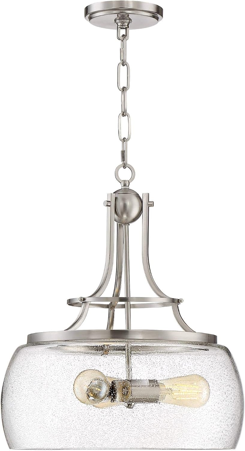 Franklin Iron Works Charleston Satin Nickel Pendant Chandelier 16' Wide Rustic Farmhouse Seeded Clear Glass LED 3-Light Fixture for Dining Room House Foyer Entryway Kitchen Bedroom Living Room