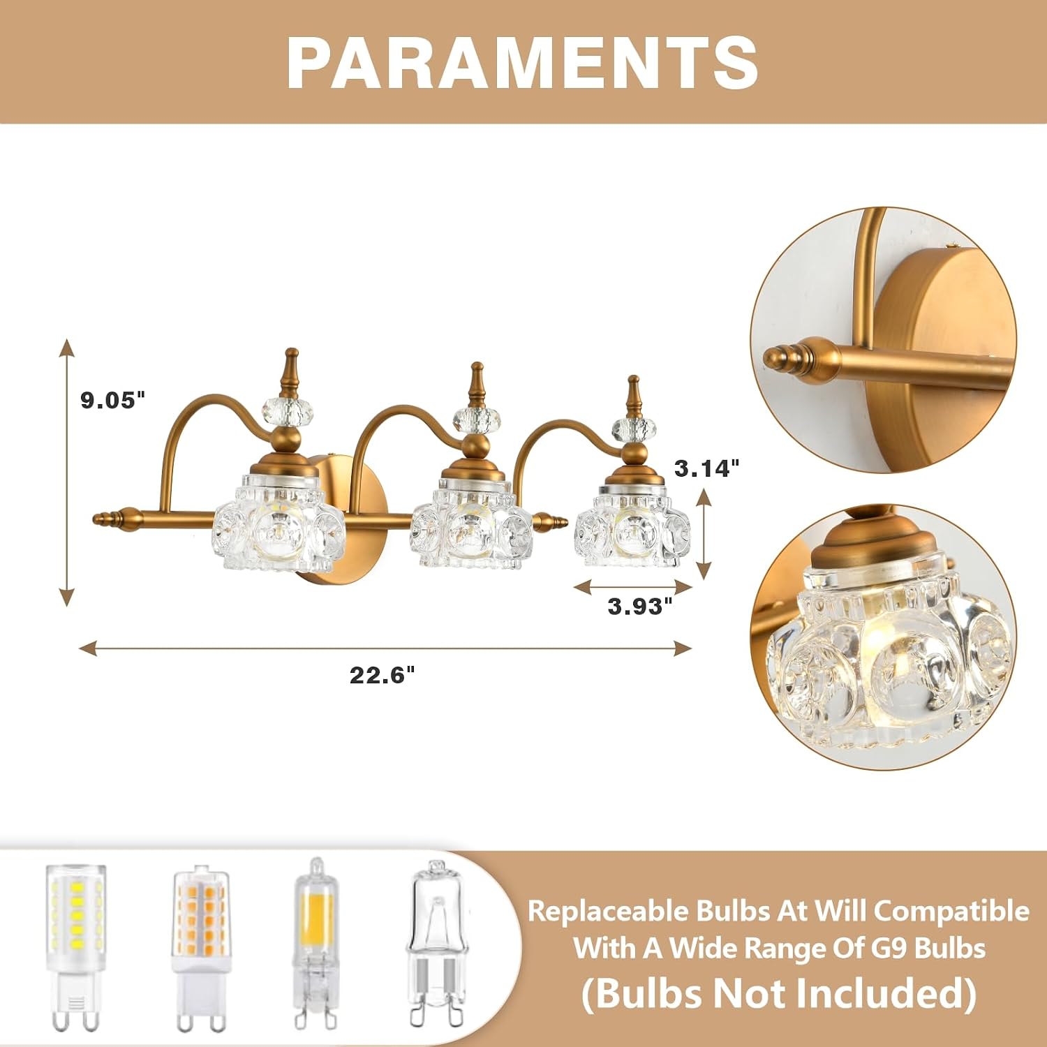 WJShome Vintage Bathroom Vanity Light Fixture, 3 Lights Bathroom Lighting Matte Brushed Antique Brass Finish with Crystal Glass Shade, Vintage Vanity Light for Bathrooms