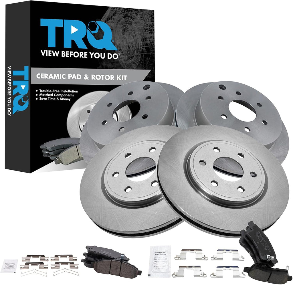 TRQ Front and Rear Ceramic Brake Pad and Rotor Set Compatible with 05-07 Nissan Frontier LE Nismo Off-Road SE 08-15 Frontier V6 4.0L 16-22 05 Xterra 08-15 Xterra 09 Suzuki Equator V6 4.0L