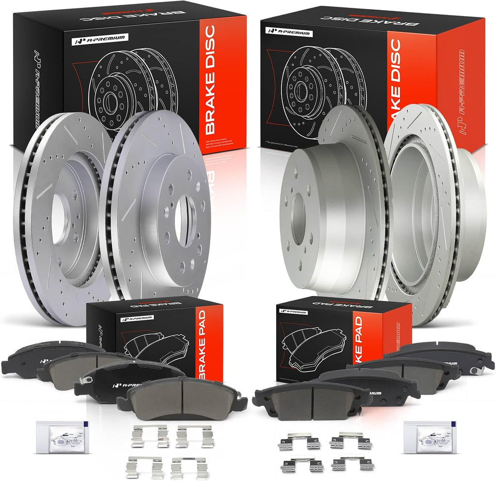 A-Premium Front & Rear Drilled and Slotted Disc Brake Rotors + Ceramic Pads Kit Compatible with Select Chevy, GMC and Cadillac Models - Yukon/Escalade/Suburban/Tahoe 15-20, Silverado/Sierra 1500 04-08