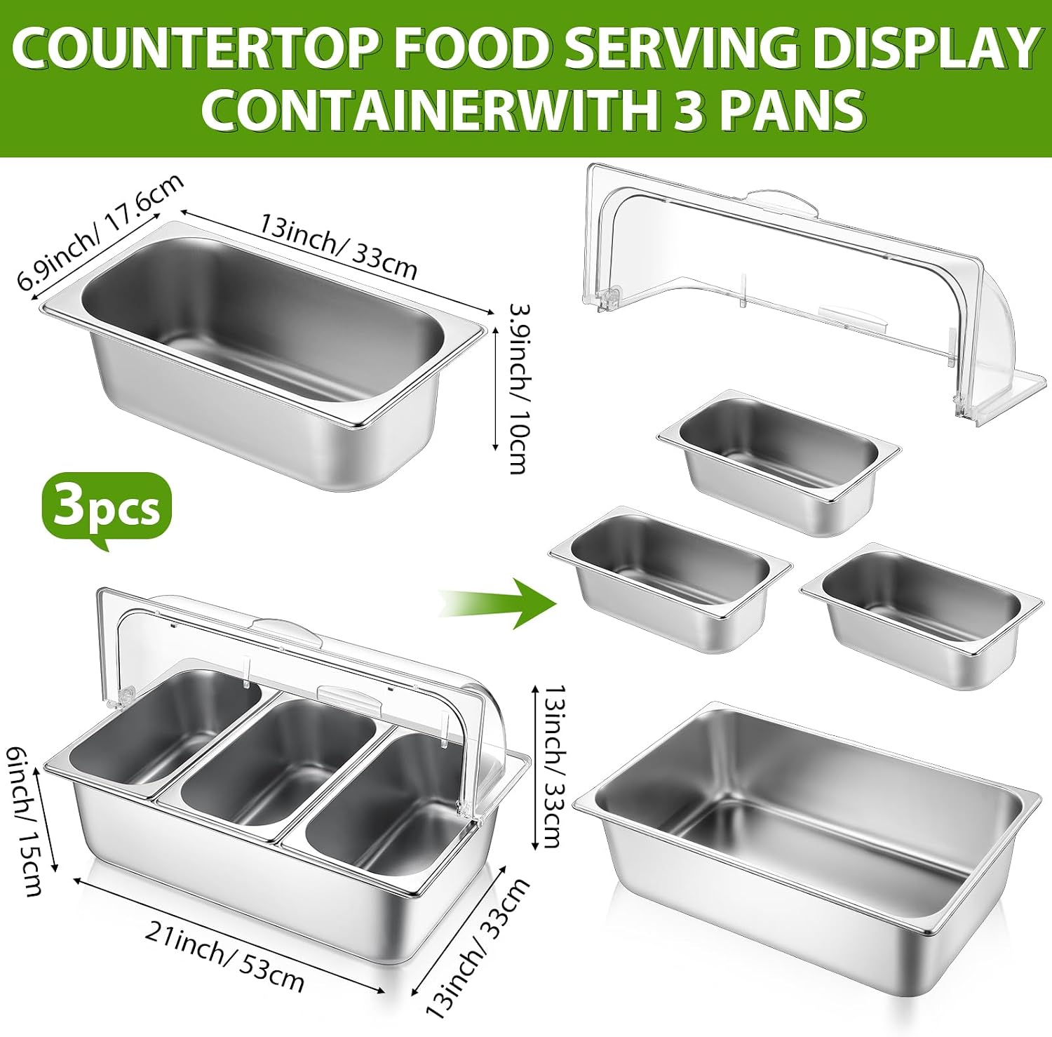 Ziliny 2 Pack Countertop Food Serving Display Container Stainless Steel Food Serving Tray Buffet Condiment Dispenser Display Rack with Clear Roll Top Cover for Buffet (3 Pan and 3 Pan)