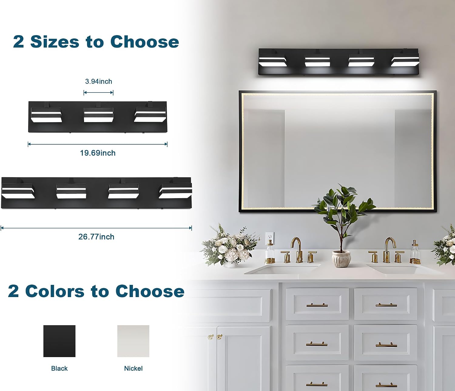 Joossnwell Bathroom Light Fixtures Over Mirror Black Vanity Lights (4-Light, 26.77-Inch) Dimmable 5CCT Modern Bathroom Vanity Lighting Led Bath Light Wall Scones