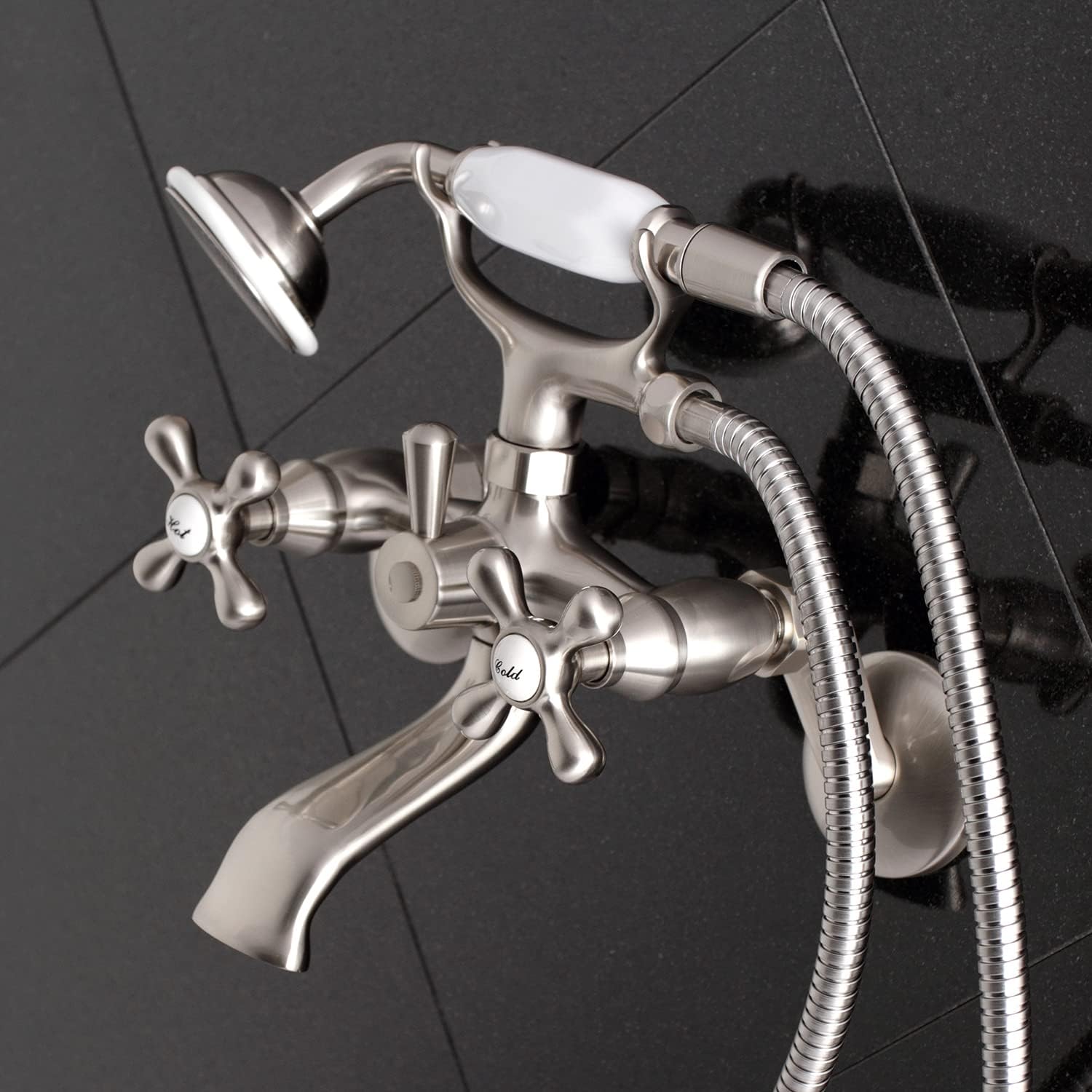Kingston Brass KS266SN Clawfoot Tub Faucet with Hand Shower, Adjustable 6 in. Centers, Brushed Nickel, 7‑3/16 in. Reach