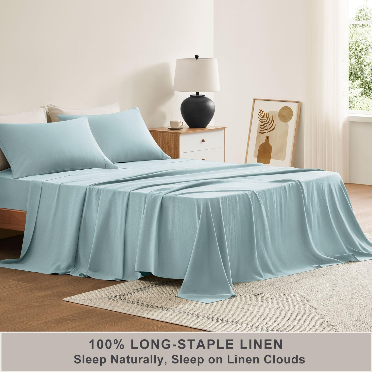 TOSMO 100% French Linen Sheets Set, Breathable and Durable Linen Flax Bedding 4 Pcs Set for Hot Sleepers - 1 Flat Sheet, 1 Fitted Sheet, 2 Pillowcases - (Aqua, Queen)