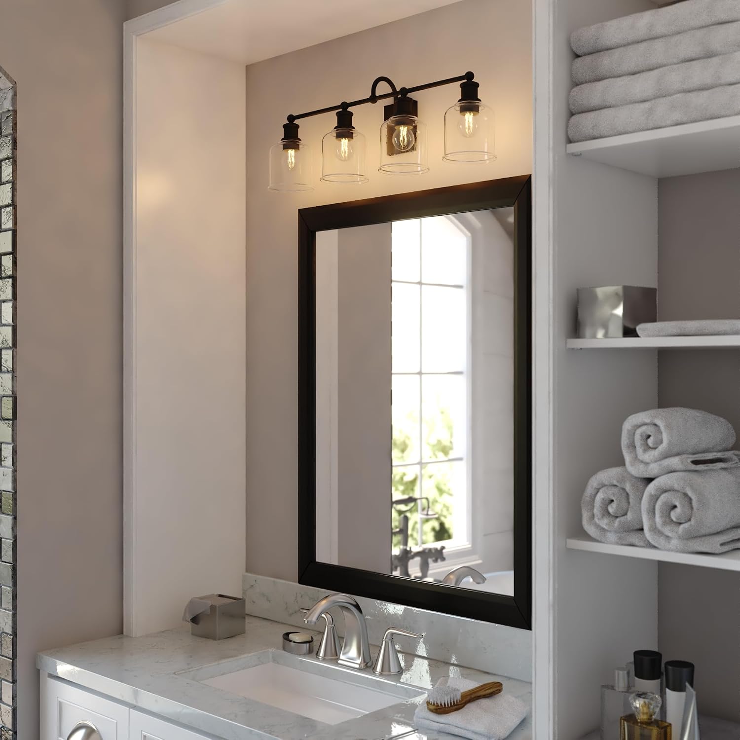 VAXCEL Northbrook 4-Light 32 in. Wide Matte Black Traditional Bathroom Vanity Lighting Fixture, Clear Seeded Glass Shade, Dimmable, LED Compatible, Over the Mirror Mounted Steel Wall Sconce