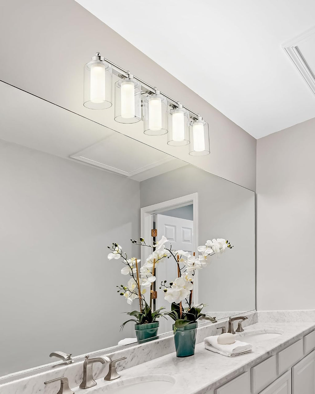 5 Light Bathroom Vanity Light, HWH Brushed Nickel Vanity Lights, Wall Mount Vanity Light Over Mirror, 30W 5CCT Dimmable LED Vanity Lights for Bathroom, 5HLT63B-5W-LED BN