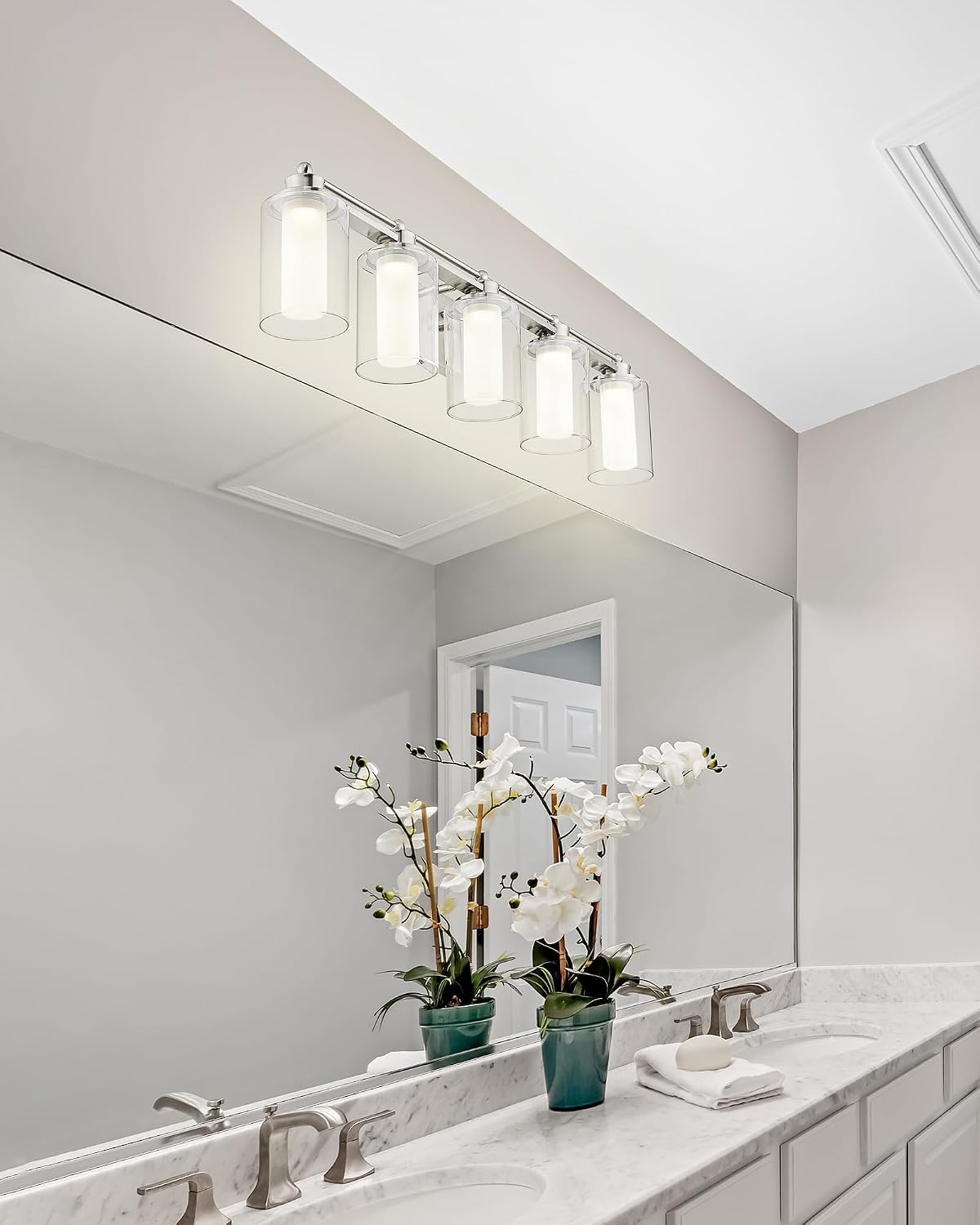 5 Light Bathroom Vanity Light, HWH Brushed Nickel Vanity Lights, Wall Mount Vanity Light Over Mirror, 30W 5CCT Dimmable LED Vanity Lights for Bathroom, 5HLT63B-5W-LED BN