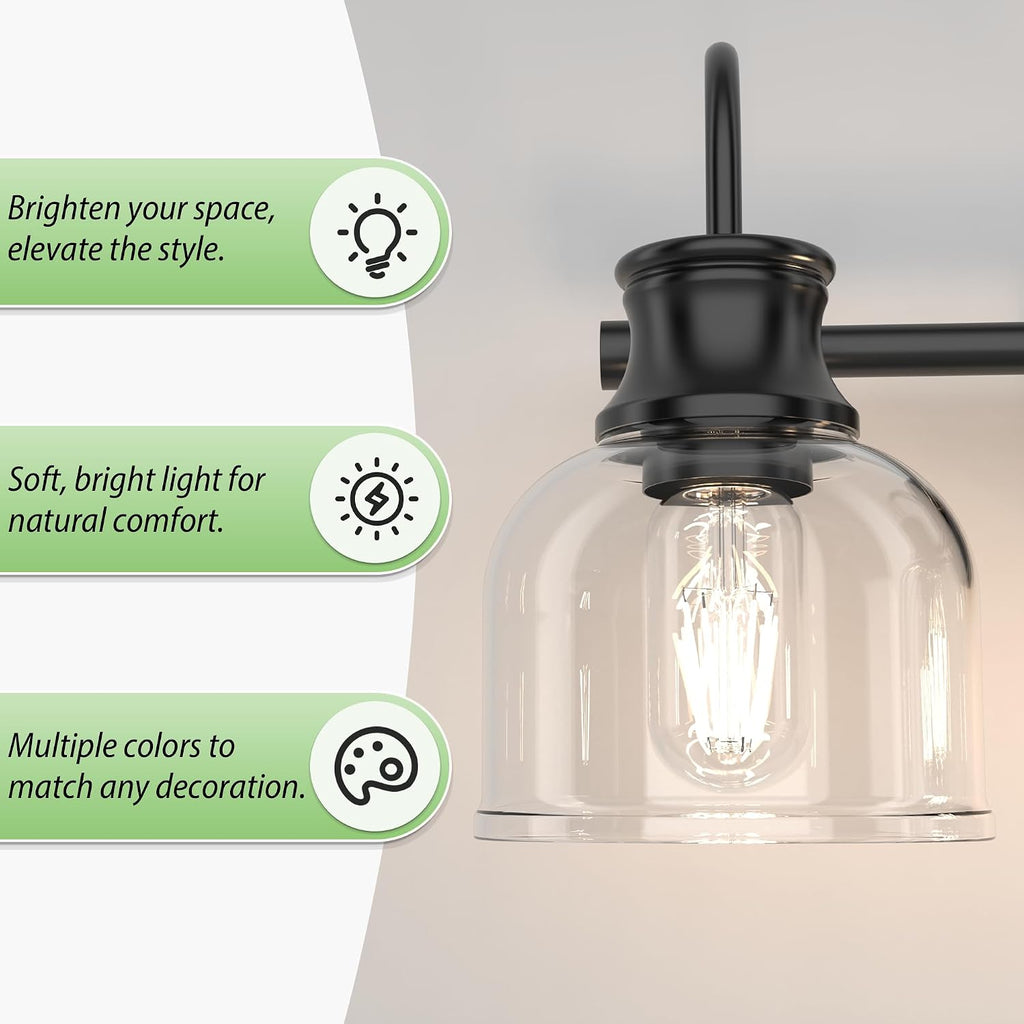 4 Lights Bathroom Vanity Light Fixtures, Matte Black Traditional Classic Vanity Light with Clear Glass, Bathroom Lighting Fixtures Over Mirror