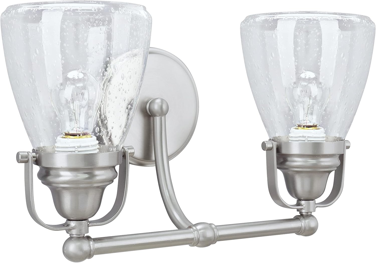 Aspen Creative 62098, Two-Light Metal Bathroom Vanity Wall Light Fixture, 15 3/4' Wide, Transitional Design in Brushed Nickel with Clear Seedy Glass Shade