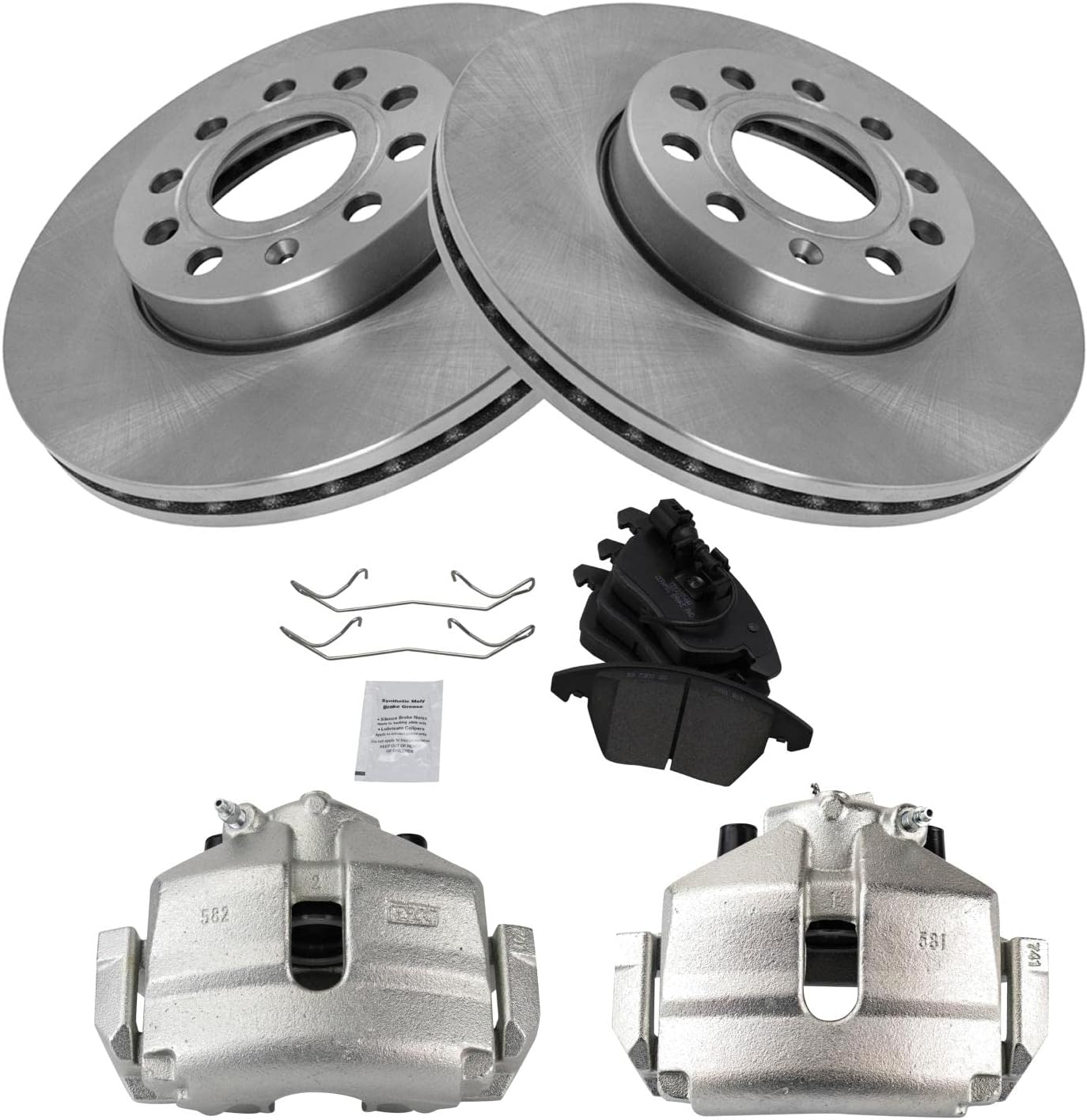 TRQ Front Brake Pad and Rotor Set Ceramic Vented Rotors Calipers Compatible with 2010 Audi A3 2012-2019 Volkswagen Beetle 2010-2014 Golf 2013 GTI 2005-2015 Jetta 2006-2009 Rabbit