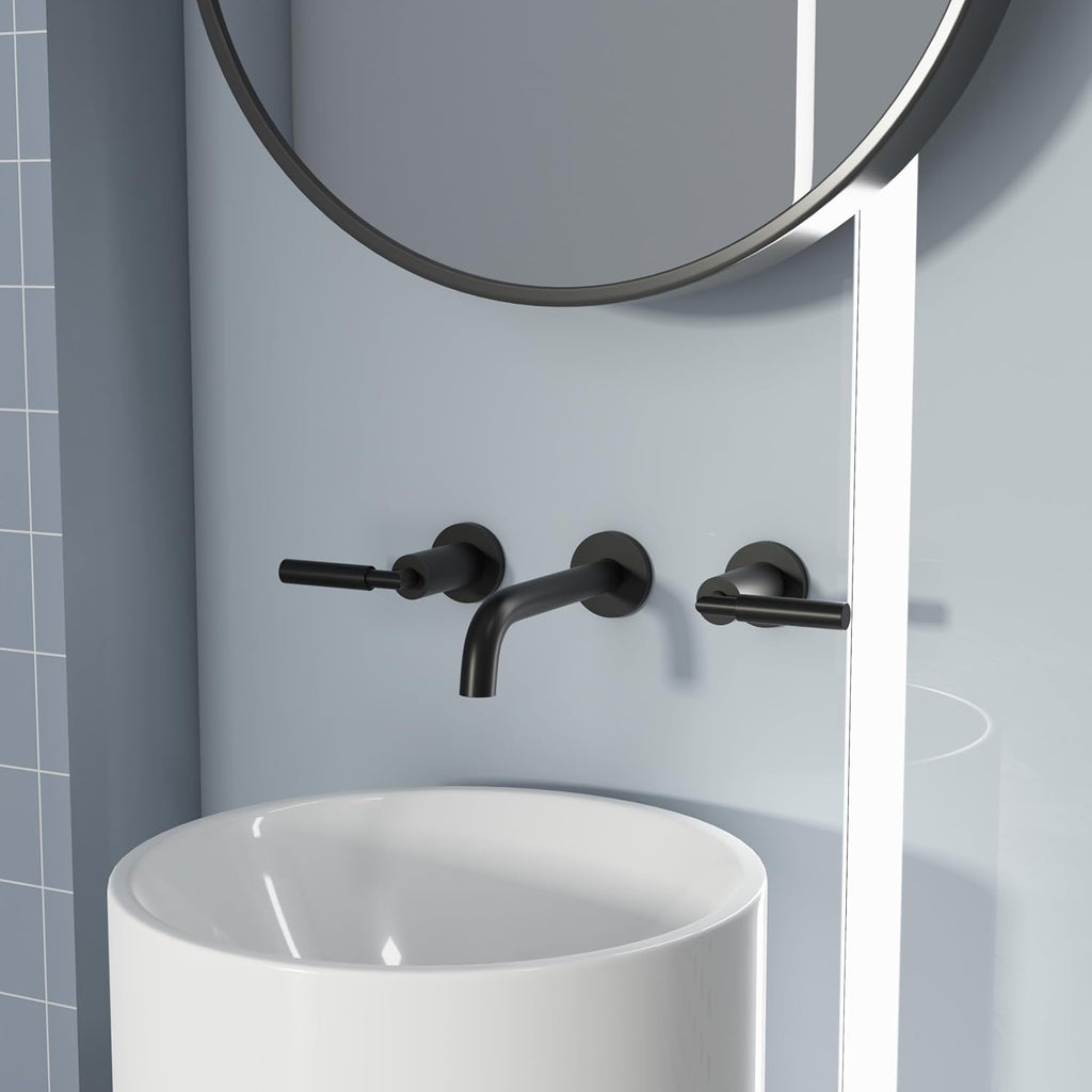 RBROHANT Matte Black Wall Mount Bathroom Faucet, Wall Mounted Sink Faucet, Dual Handle, Solid Brass, Rough-in Valve Included