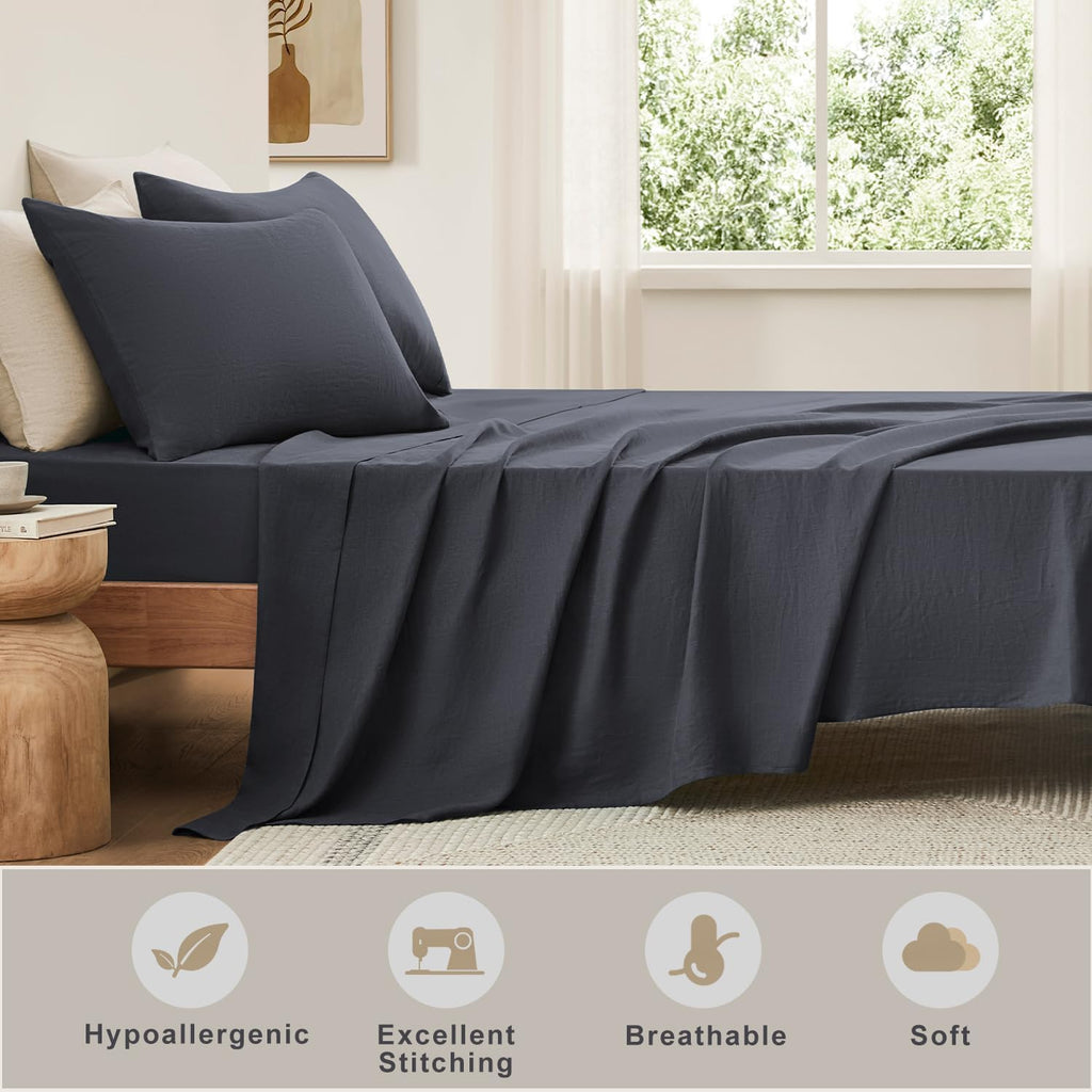 TOSMO Pure Linen Sheets Set, 100% French Natural Linen Flax Bedding 3pc Set (Twin, 1 Flat Sheet, 1 Fitted Sheet, 1 Pillowcase) - Blue Grey