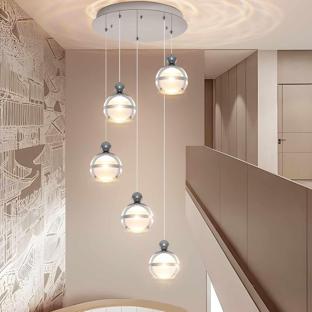 5-Light Chrome Chandelier, Modern Long Chandeliers for High Ceilings Globe Hanging Light Chandelier for Staircase Foyer Corner Living Room Entryway Dining Room 3000K