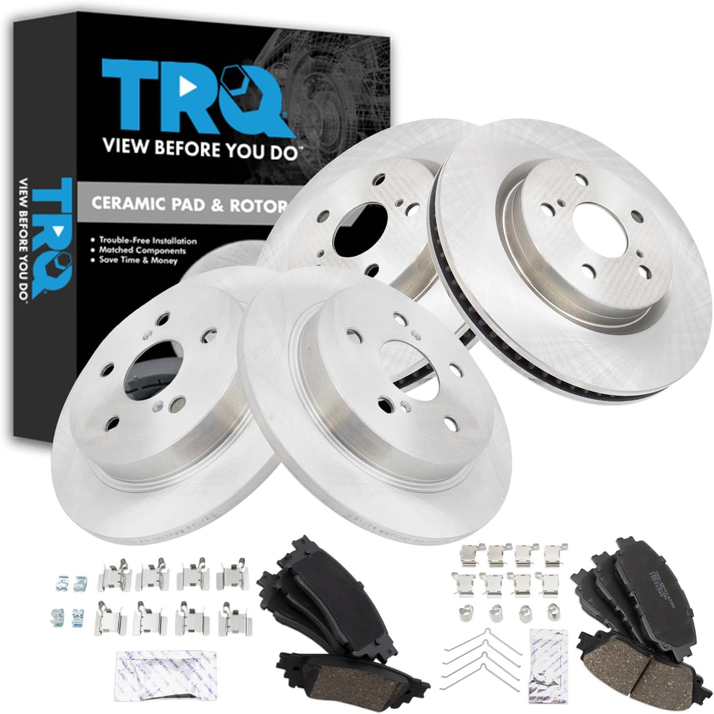 TRQ Front & Rear Brake Pad & Rotor Kit Ceramic Compatible with 21-23 Lexus ES250 19-23 ES300h ES350 19-22 UX200 UX250h Toyota Avalon 20-22 C-HR 18-23 Camry 22-23 Corolla Cross RAV4 Venza