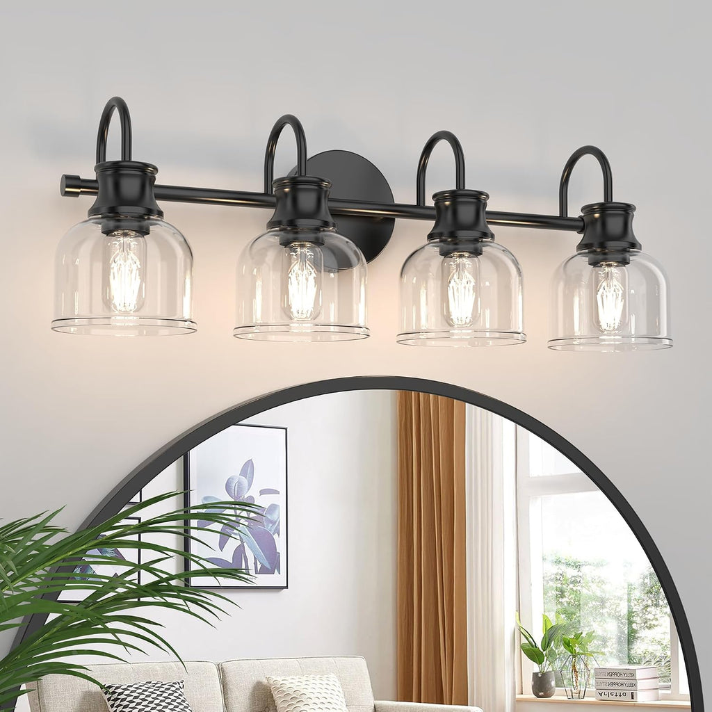 4 Lights Bathroom Vanity Light Fixtures, Matte Black Traditional Classic Vanity Light with Clear Glass, Bathroom Lighting Fixtures Over Mirror