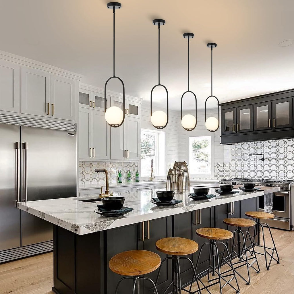 BYOLIIMA Modern Globe Pendant Light Mid Century Chandelier 1-Light Matte Black Ceiling Hanging Lighting Fixture with White Globe Glass Lampshade for Kitchen Island Dining Room Bedroom (2 Pack)