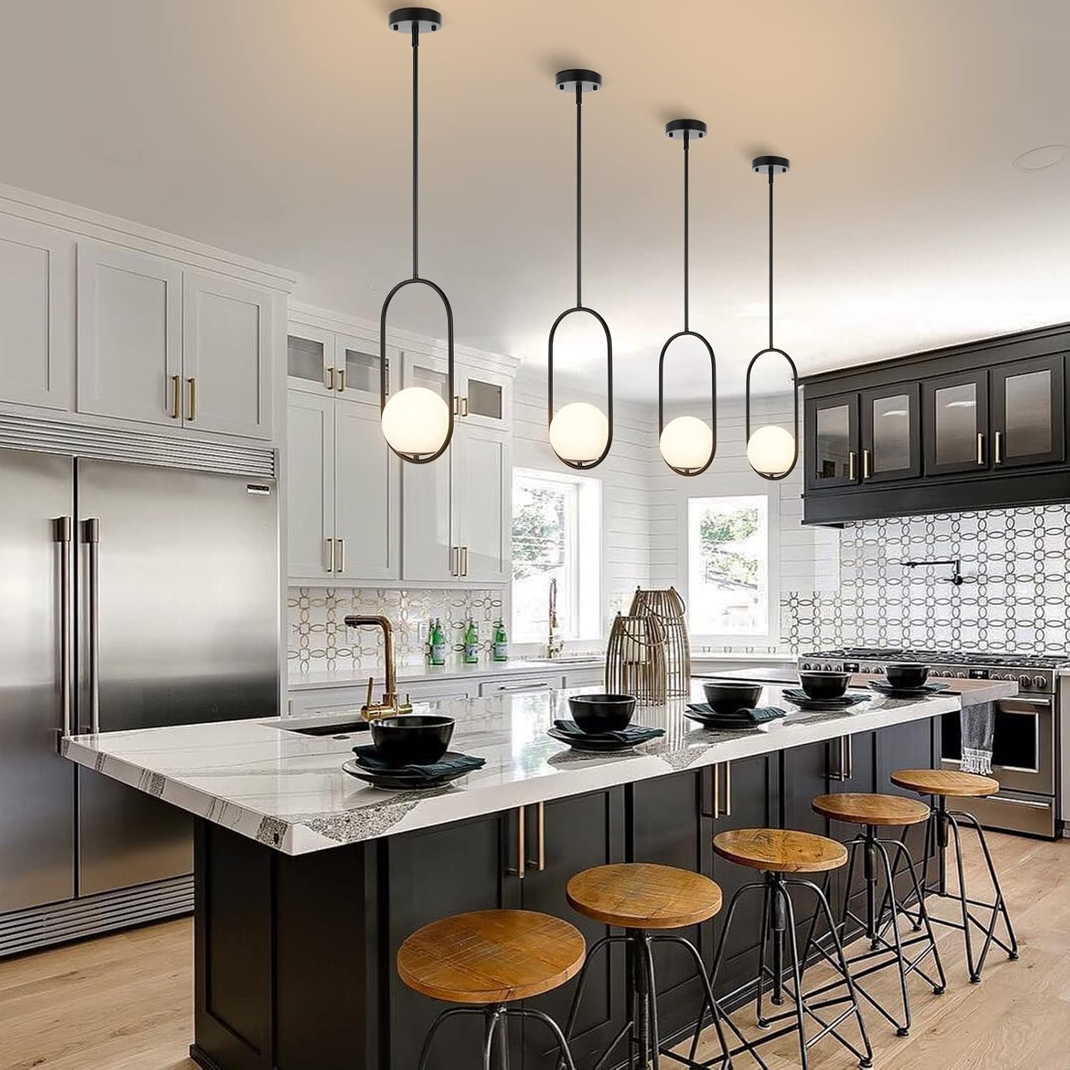 BYOLIIMA Modern Globe Pendant Light Mid Century Chandelier 1-Light Matte Black Ceiling Hanging Lighting Fixture with White Globe Glass Lampshade for Kitchen Island Dining Room Bedroom (2 Pack)
