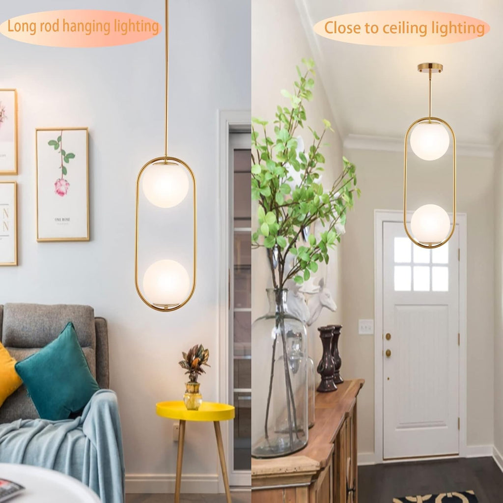 BYOLIIMA Modern Gold Globe Chandelier 2-Lights Mid Century Pendant Light Brushed Brass Ceiling Hanging Lighting Fixture with White Globe Glass Lampshade for Kitchen Island Dining Room Bedroom
