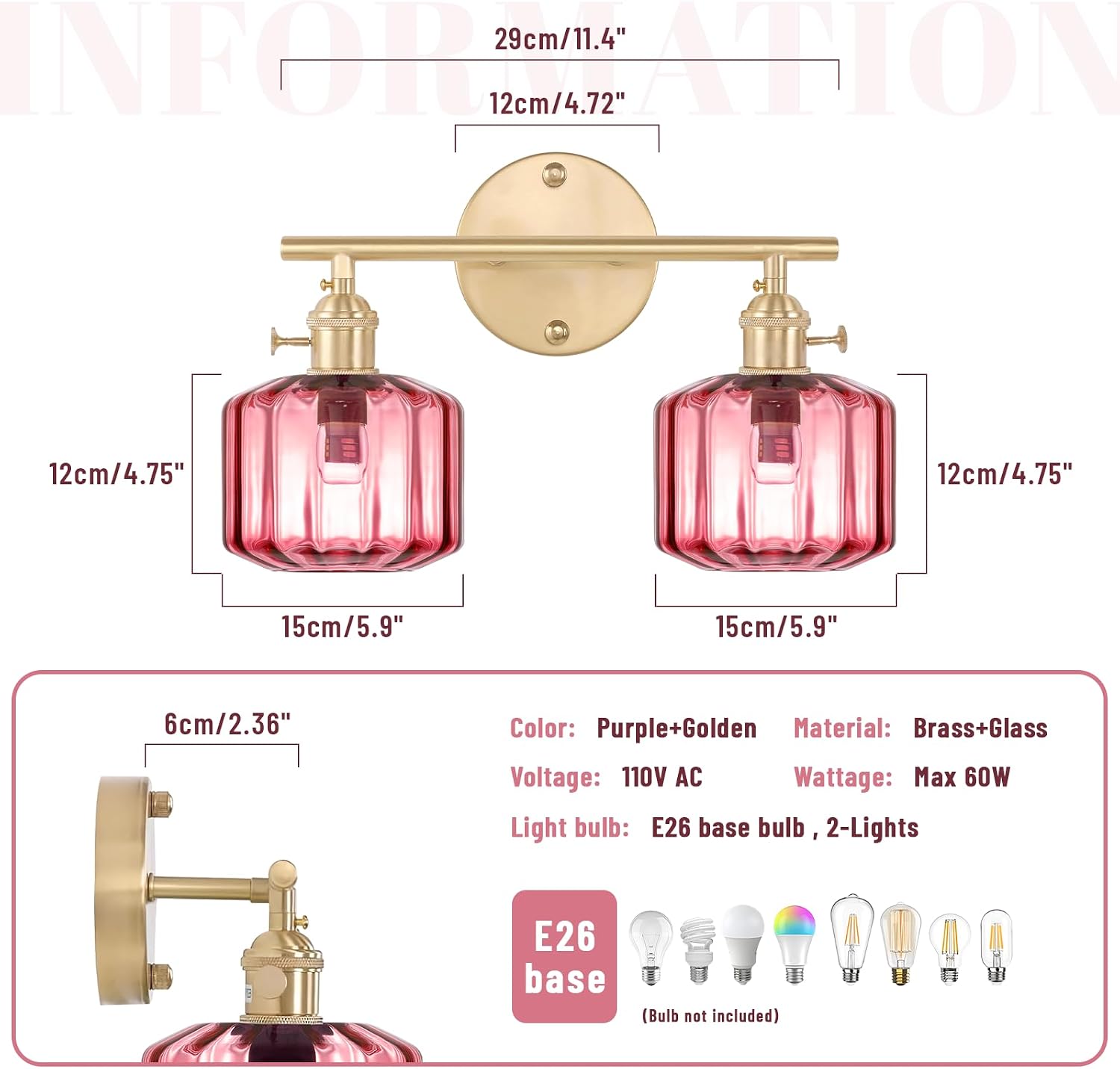 Vintage Wall Light Brass Vanity Light Bathroom Light Fixtures 2-Light Wall Sconce with Purple Globe Glass Shades Vanity Lighting for Stairwell Living Room Bedside Bedroom