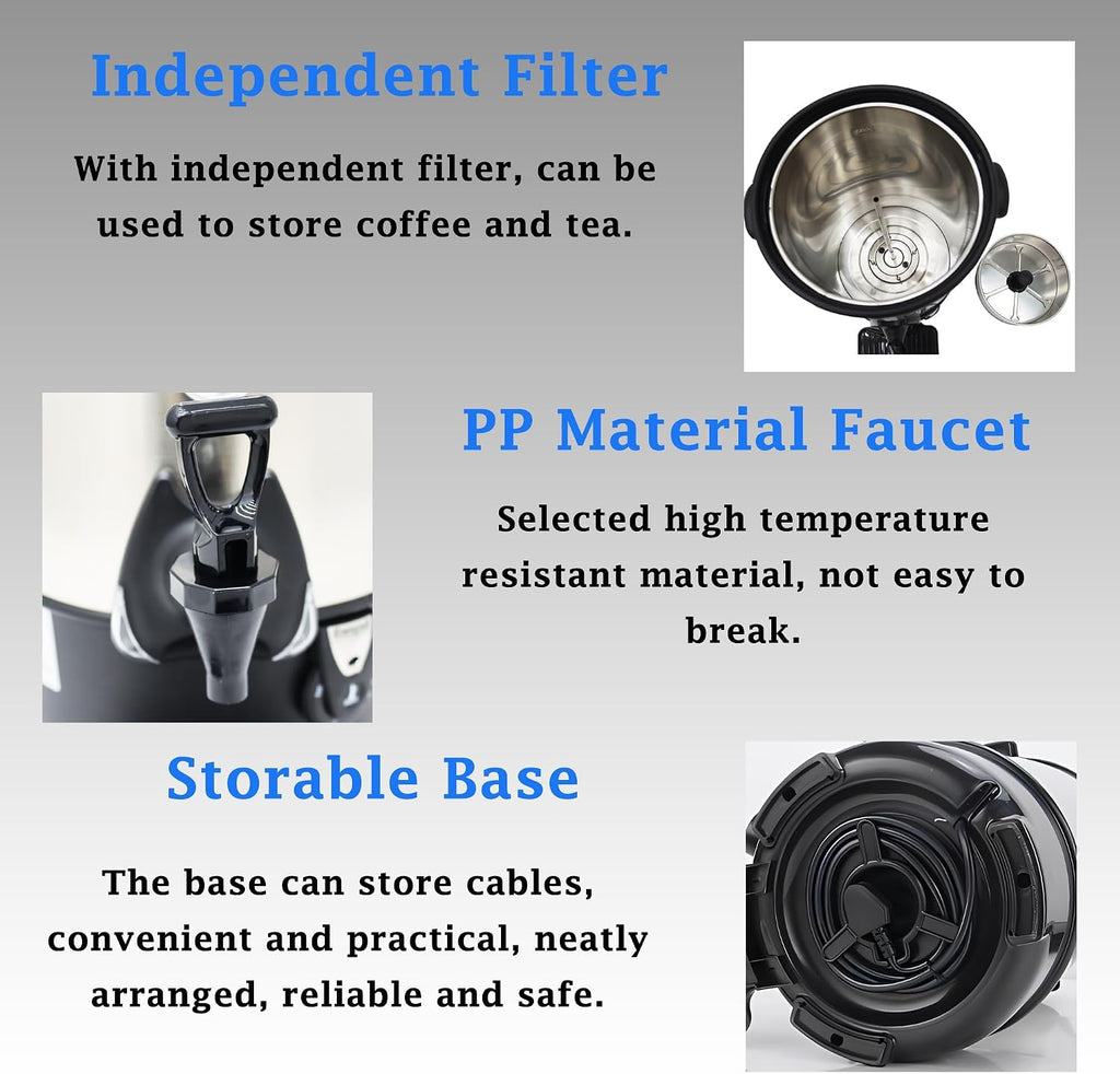 Electric Hot Coffee Kettle Warmer Stainless Steel Hot Coffee Dispenser Hot Coffee Boiler And Warmer with Independent Filter Quick-Temp or Boil for Tea Coffee 1300W 15.4 Liter Capacity