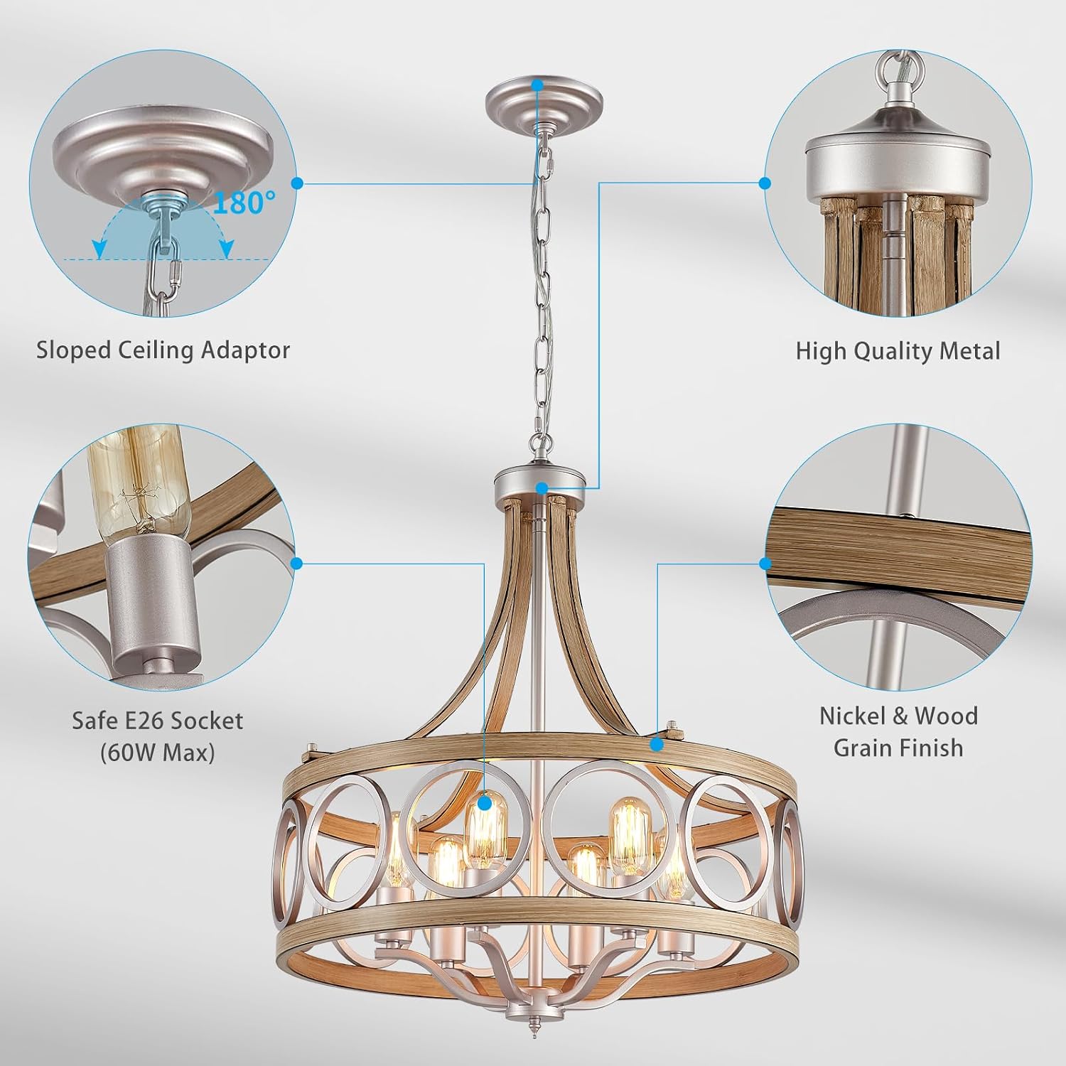 XINGQI Brushed Nickel Dining Room Chandelier 6 Lights Modern Farmhouse Chandelier 21.7' Round Hanging Lighting Fixture Rustic Metal Drum Pendant Lamp for Entryway Bedroom Kitchen