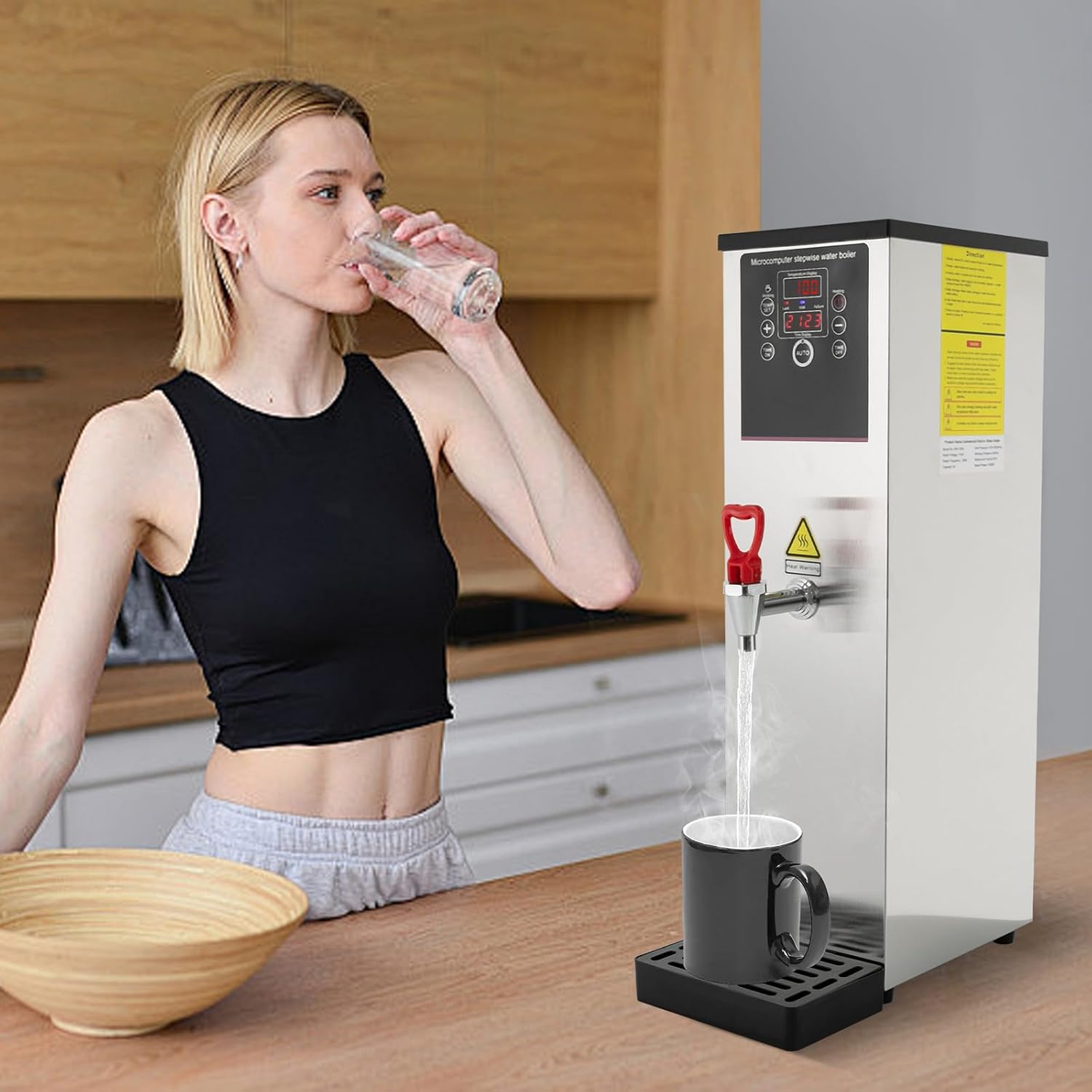 Step-Heating Commercial Hot Water Dispenser Countertop 2500W Fast Ready Water Boiler Machine Automatic 15L Water Boiler for Restaurant, Home, Office(15L,Silver)