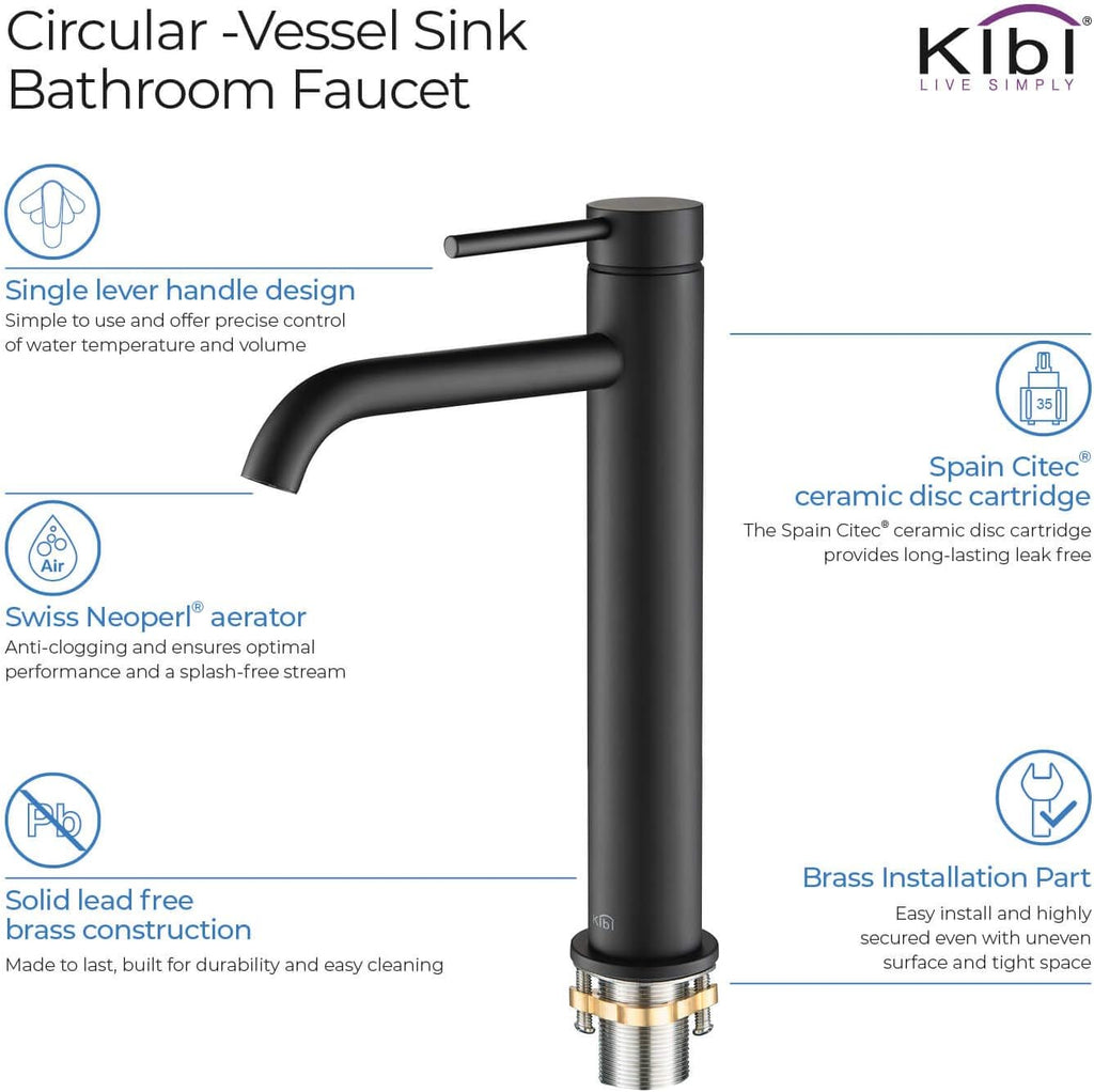 KIBI Bathroom Vessel Sink Faucet, Solid Brass Single Handle Single Hole Bathroom Faucet, High Arc Modern Vanity Faucet with Pop Up Drain, Matte Black, Rust & Corrosion Resistant