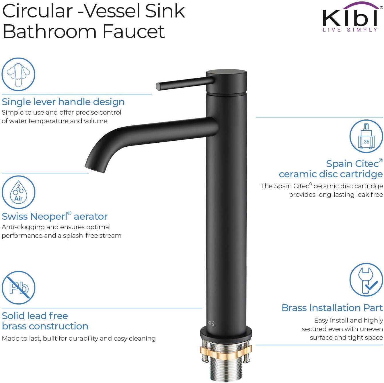 KIBI Bathroom Vessel Sink Faucet, Solid Brass Single Handle Single Hole Bathroom Faucet, High Arc Modern Vanity Faucet with Pop Up Drain, Matte Black, Rust & Corrosion Resistant