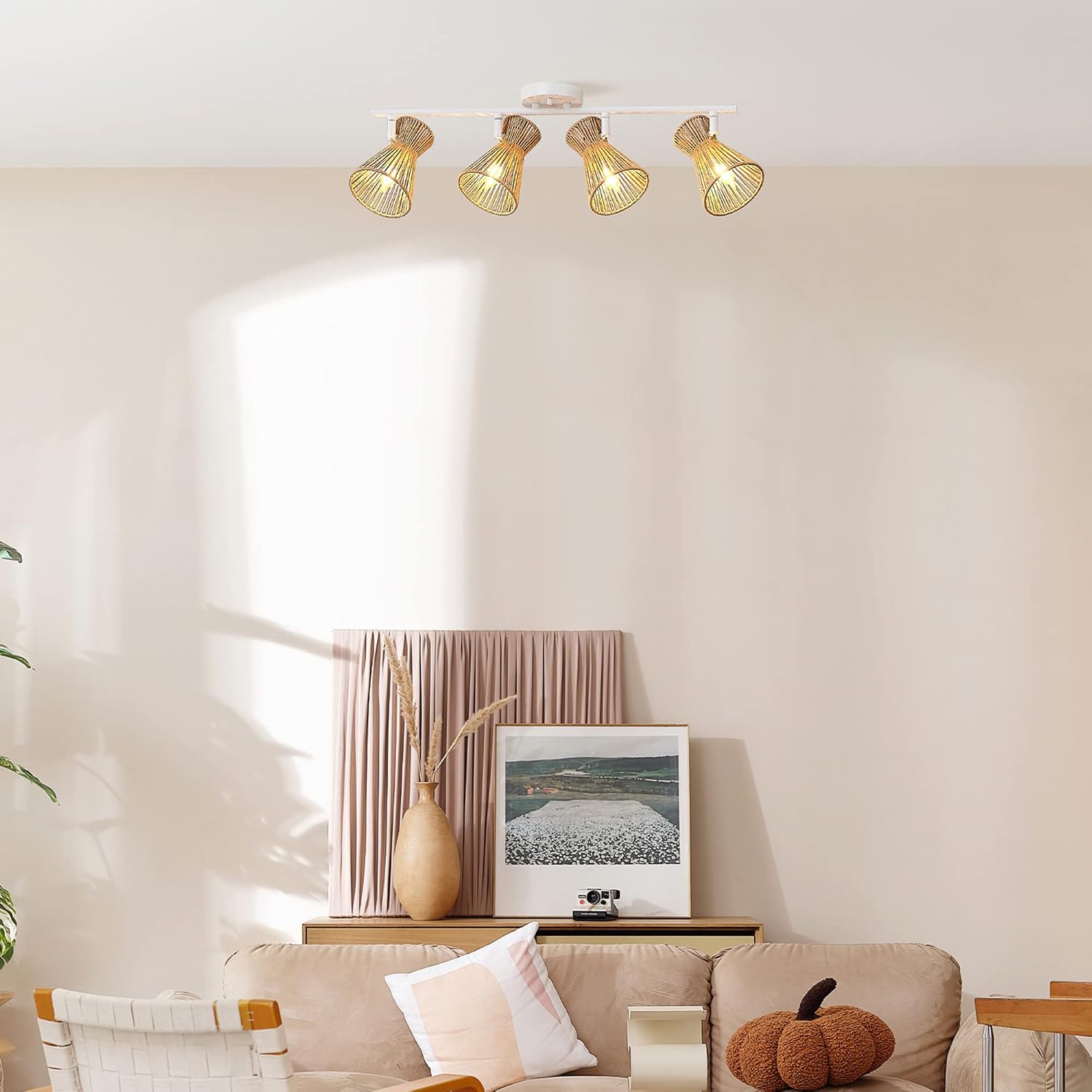 Globe Electric 64000050 28' 4-Light Track Lighting, Matte White, Natural Twine Shades, Ceiling Light, Pivot Shade, Kitchen Lights, 4 Bulb Track-Light