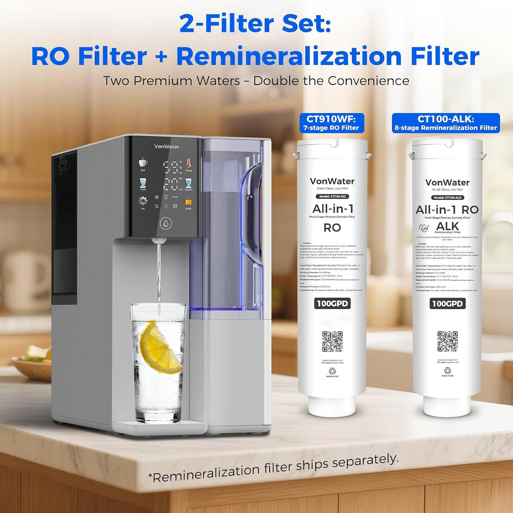 Alkaline Mineral Hot and Cold Countertop Reverse Osmosis System - 2 Filters (1 RO + 1 Remineralization pH+ RO) for 4-Year Lifespan, 3s Hot, 8-Stage RO Filtration, NSF/ANSI372/42/58, C5 Bundle