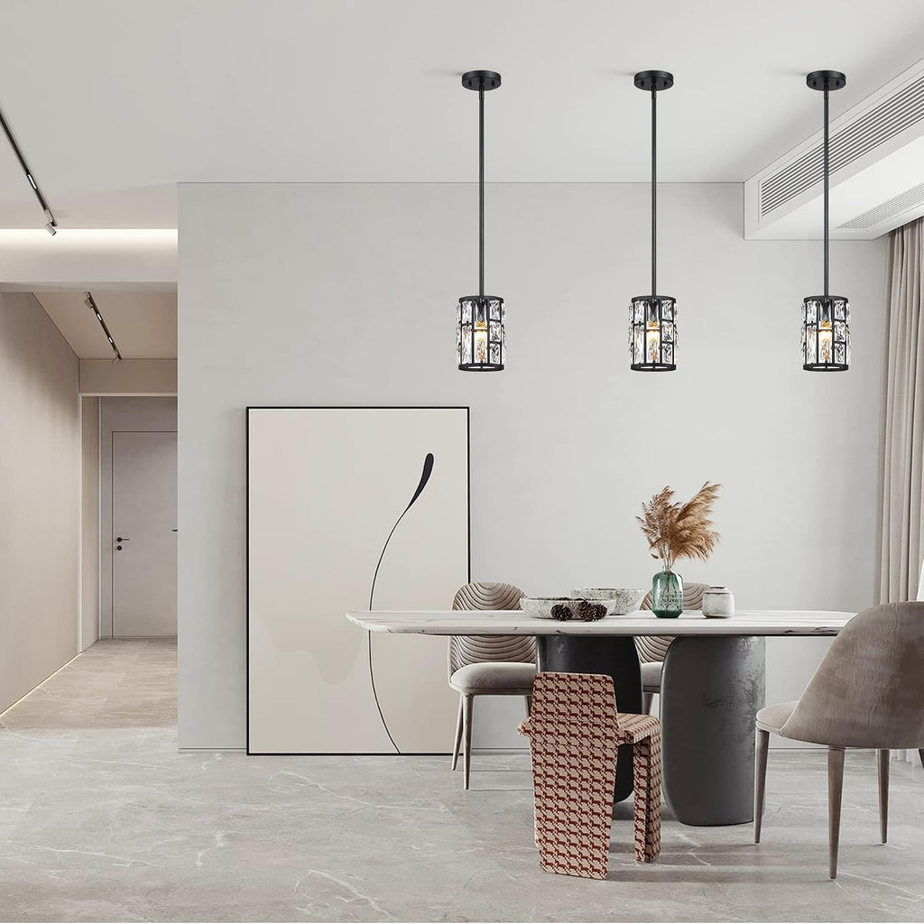 MEXO Modern Crystal Pendant Light Fixture 3-Pack Matte Black Finish Hanging Lighting Crystal Chandelier for Living Room, Kitchen, Hallway
