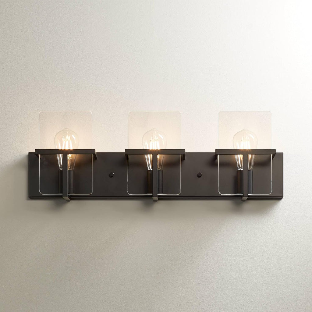 Possini Euro Design Trezza Modern Industrial Wall Mount Light Matte Black Hardwired 24' 3-Light Fixture Clear Glass Flat Panels for Bathroom Vanity Mirror House Home Living Room Hallway Decor