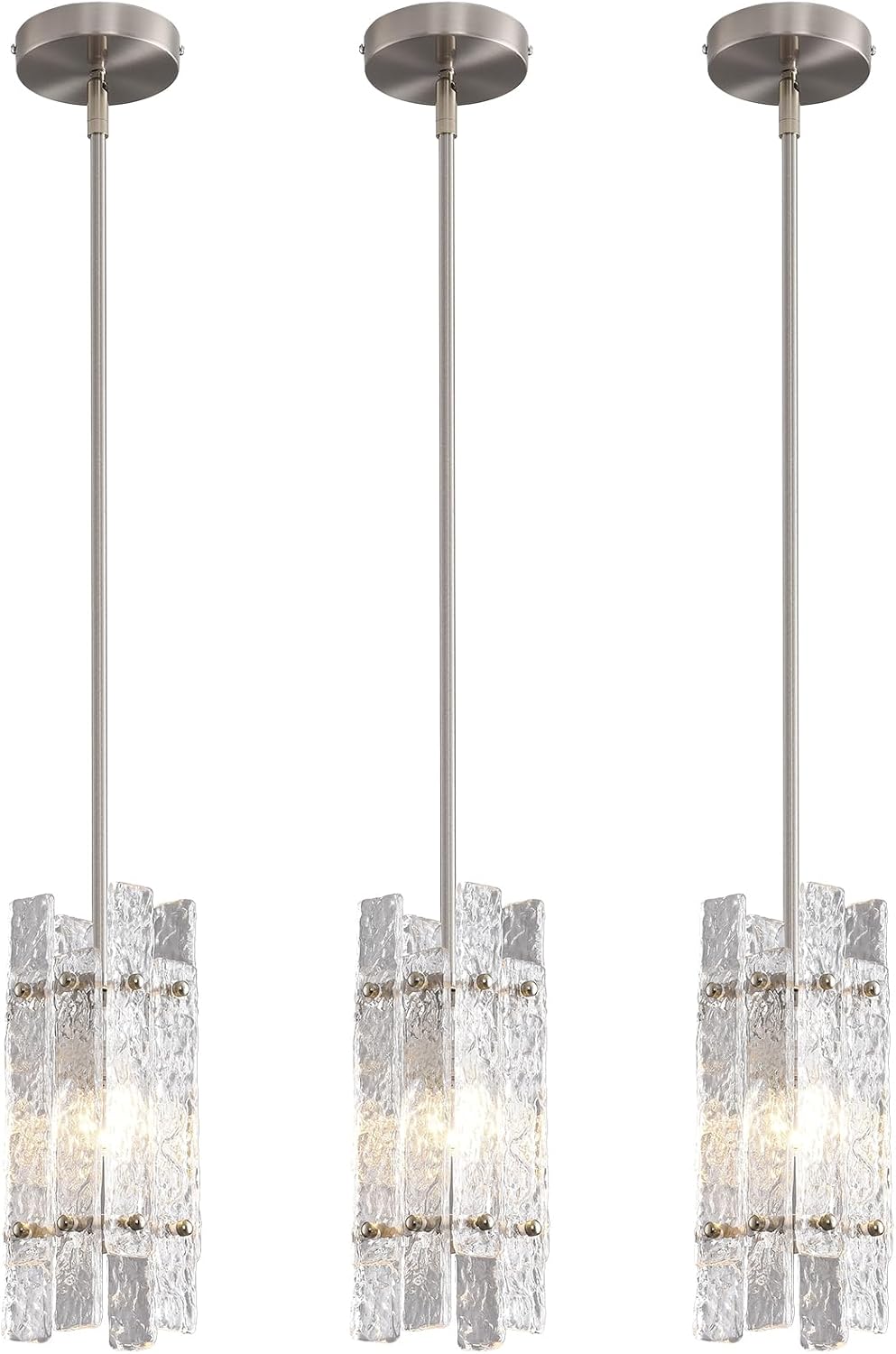 Modern Crystal Pendant Light for Kitchen Island, Brushed Nickel Luxury Mini Water Ripple Glass Chandelier Lights Fixture, Square Adjustable Hanging Pendant Lighting for Dining Room Bedroom (3-Pack)