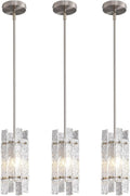 Modern Crystal Pendant Light for Kitchen Island, Brushed Nickel Luxury Mini Water Ripple Glass Chandelier Lights Fixture, Square Adjustable Hanging Pendant Lighting for Dining Room Bedroom (3-Pack)