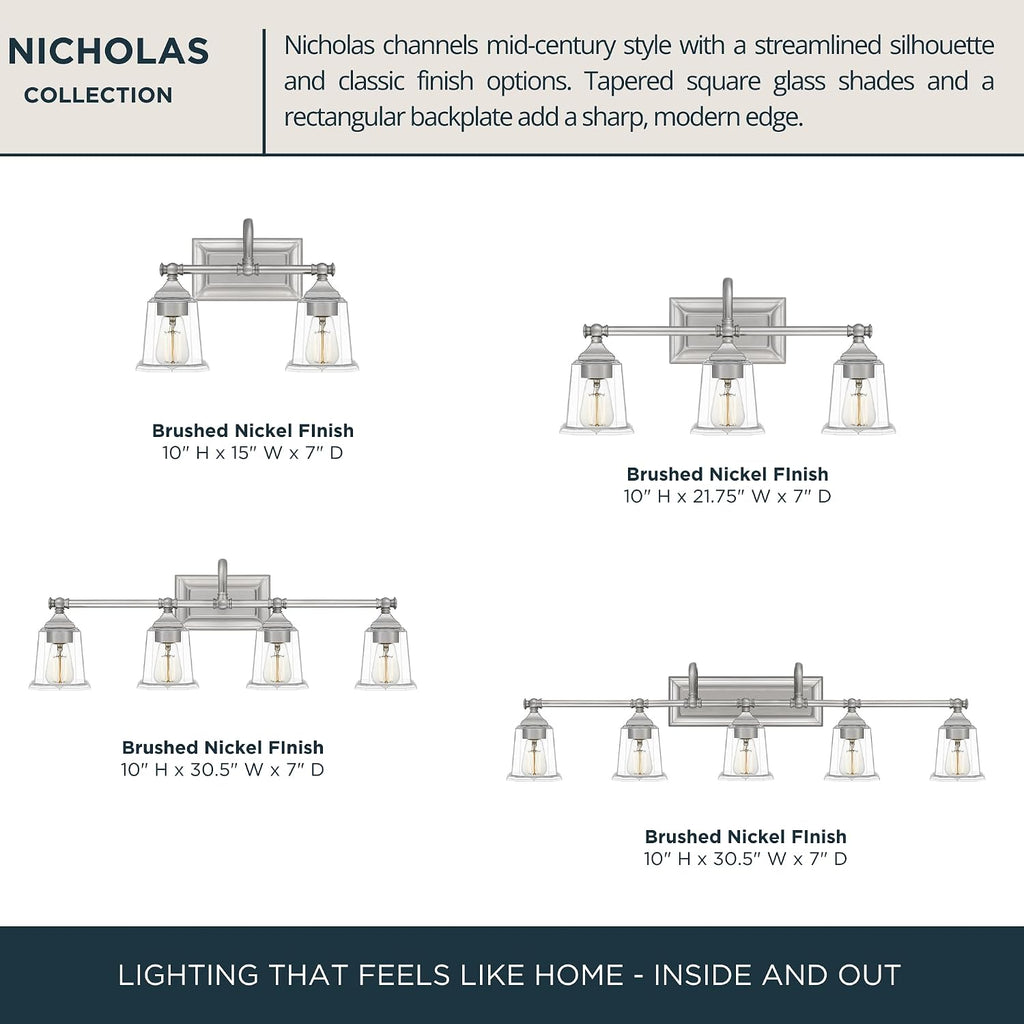 Quoizel Nicholas Vanity Lights, 22 Inch 3-Light Brushed Nickel Bathroom Lighting Fixtures Over Mirror, 100W, Clear Glass, Mid-Century Wall Mount Light for Bathrooms, Kitchen or Hallway