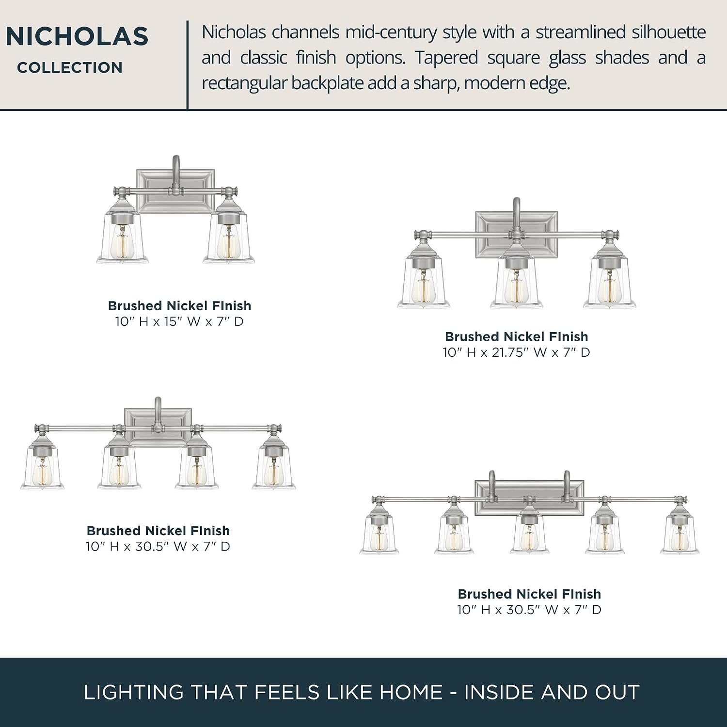 Quoizel Nicholas Vanity Lights, 22 Inch 3-Light Brushed Nickel Bathroom Lighting Fixtures Over Mirror, 100W, Clear Glass, Mid-Century Wall Mount Light for Bathrooms, Kitchen or Hallway