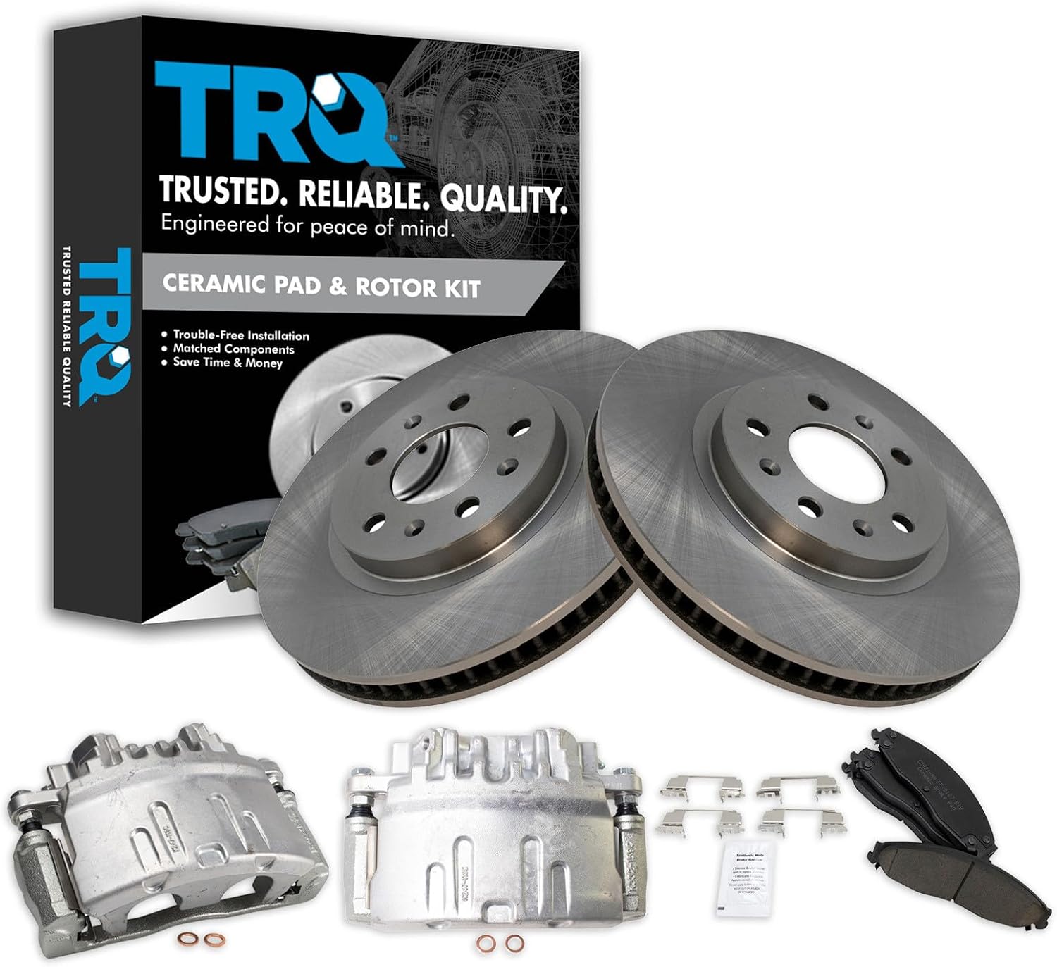 TRQ Front Brake Pad and Rotor Set Ceramic Vented Rotors Calipers Compatible with 2003-2007 Cadillac CTS
