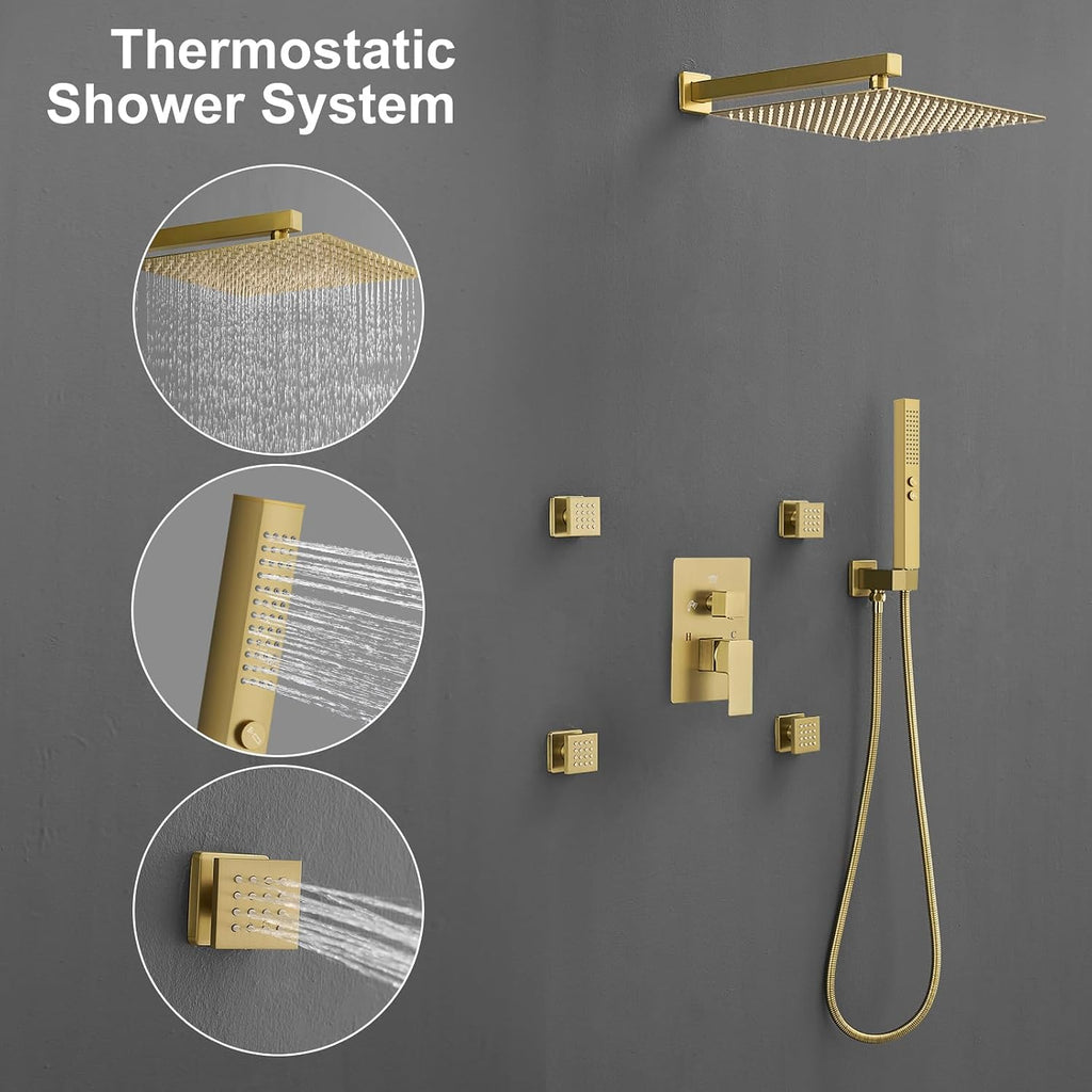 RUMOSE Rainfall Shower System with 4 Body Jets Wall Mounted 4 Mode Shower Faucet Set with 12 Inch Rain Shower Head and 2 in 1 Handheld Spray, Brushed Gold Brass Shower Fixtures, Rough-in Valve