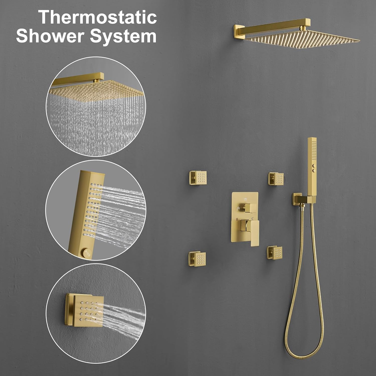 RUMOSE Rainfall Shower System with 4 Body Jets Wall Mounted 4 Mode Shower Faucet Set with 12 Inch Rain Shower Head and 2 in 1 Handheld Spray, Brushed Gold Brass Shower Fixtures, Rough-in Valve