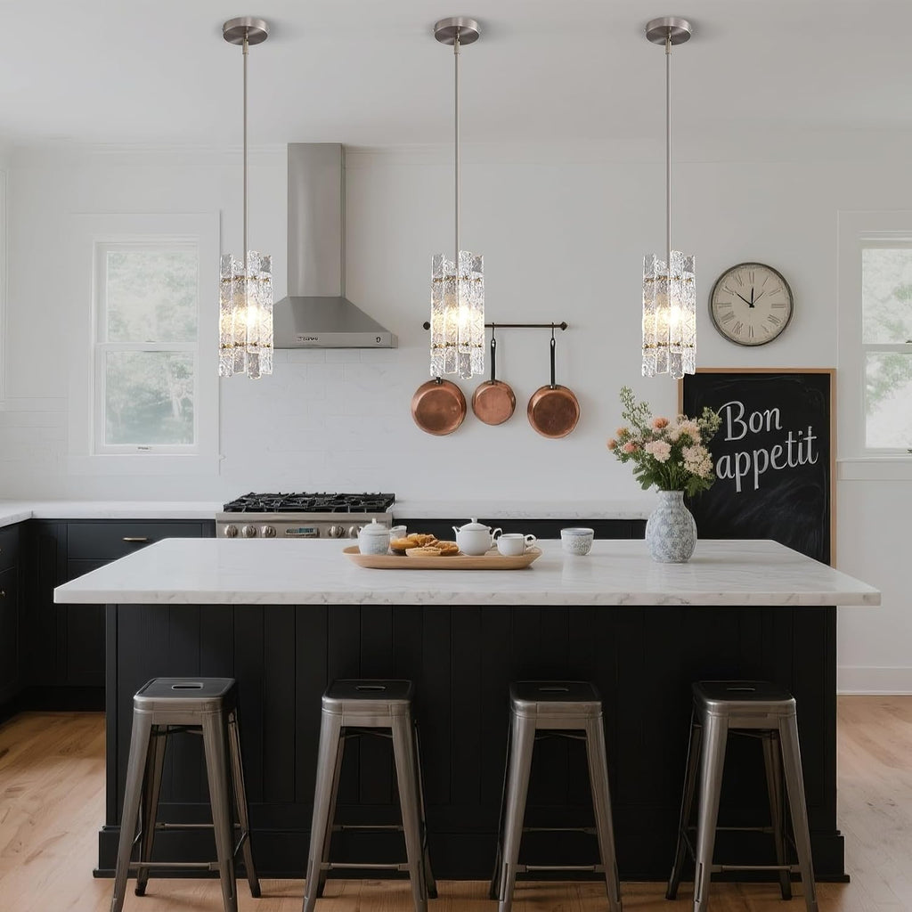 Modern Crystal Pendant Light for Kitchen Island, Brushed Nickel Luxury Mini Water Ripple Glass Chandelier Lights Fixture, Square Adjustable Hanging Pendant Lighting for Dining Room Bedroom (3-Pack)