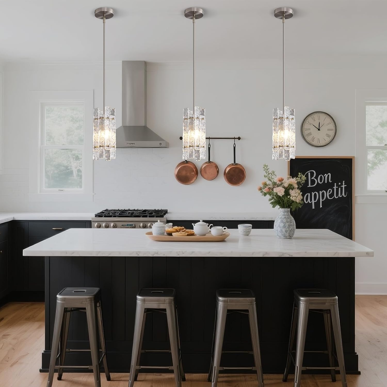 Modern Crystal Pendant Light for Kitchen Island, Brushed Nickel Luxury Mini Water Ripple Glass Chandelier Lights Fixture, Square Adjustable Hanging Pendant Lighting for Dining Room Bedroom (3-Pack)
