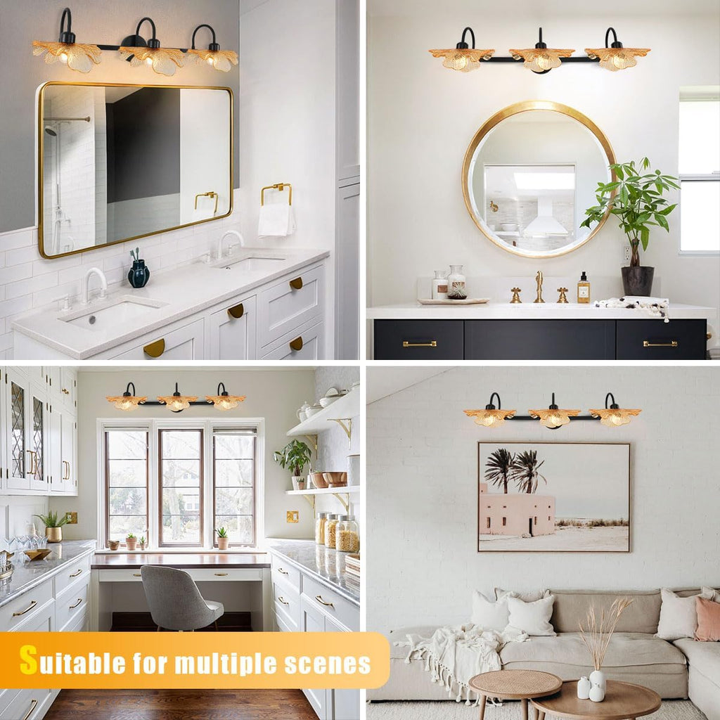Vintage wall Sconce 3 Light Bathroom Vanity Light Black Wall Sconce Light Vanity Light fixtures Amber Glass Wall lamp mid Century Bathroom Lights Over Mirror for Bedroom Hallway Living Room