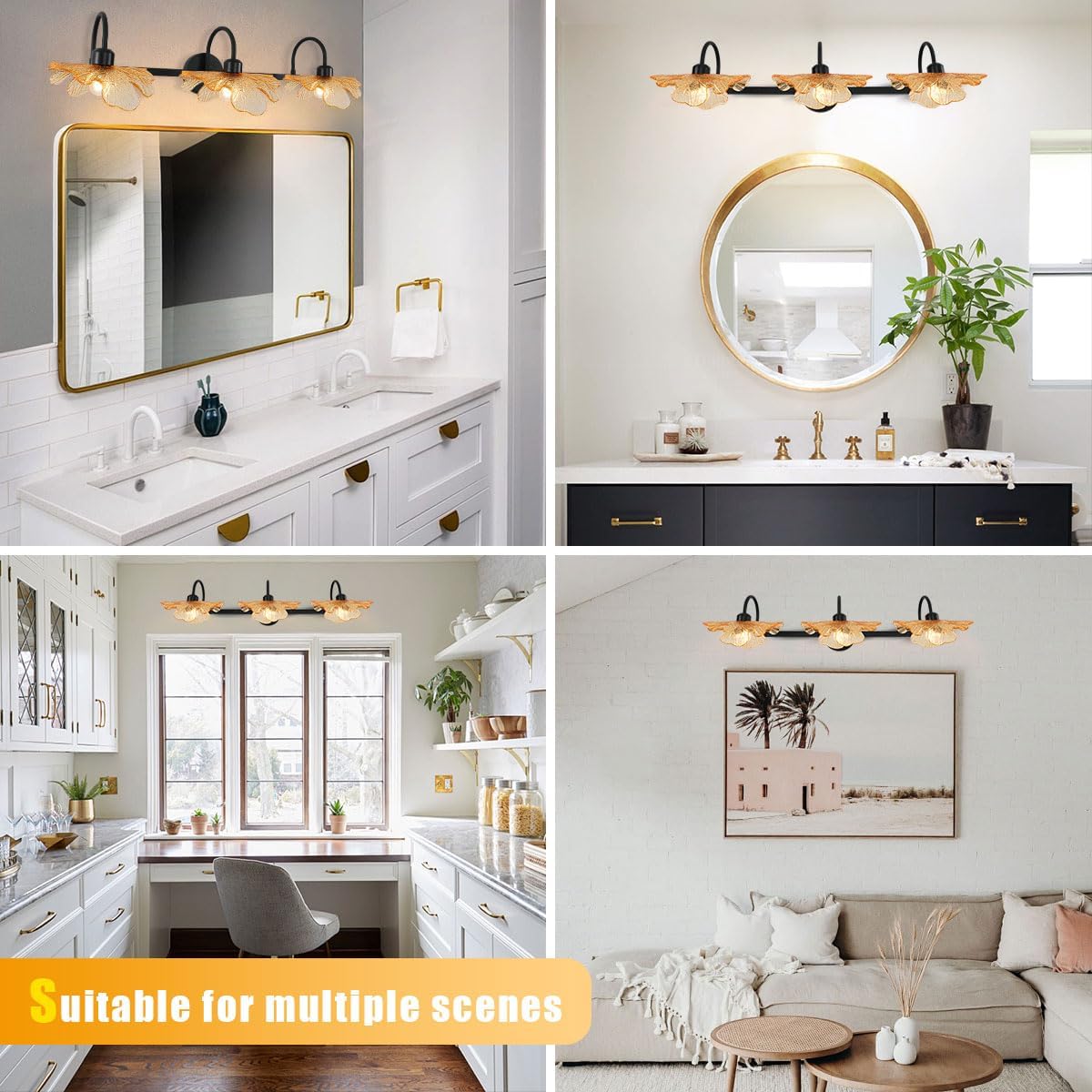 Vintage wall Sconce 3 Light Bathroom Vanity Light Black Wall Sconce Light Vanity Light fixtures Amber Glass Wall lamp mid Century Bathroom Lights Over Mirror for Bedroom Hallway Living Room