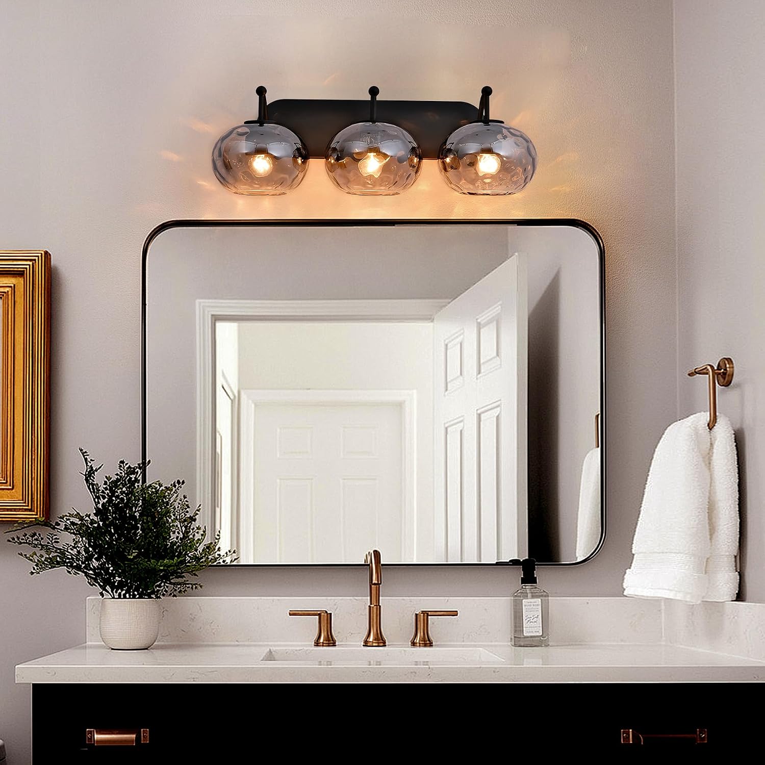 23' Matte Black Vanity Light Smoked Hammered Glass Wall Sconce 3-Light Grey Lampshade Wall Lamp for Hallway Living Room Stairwell Bathroom Over Mirror
