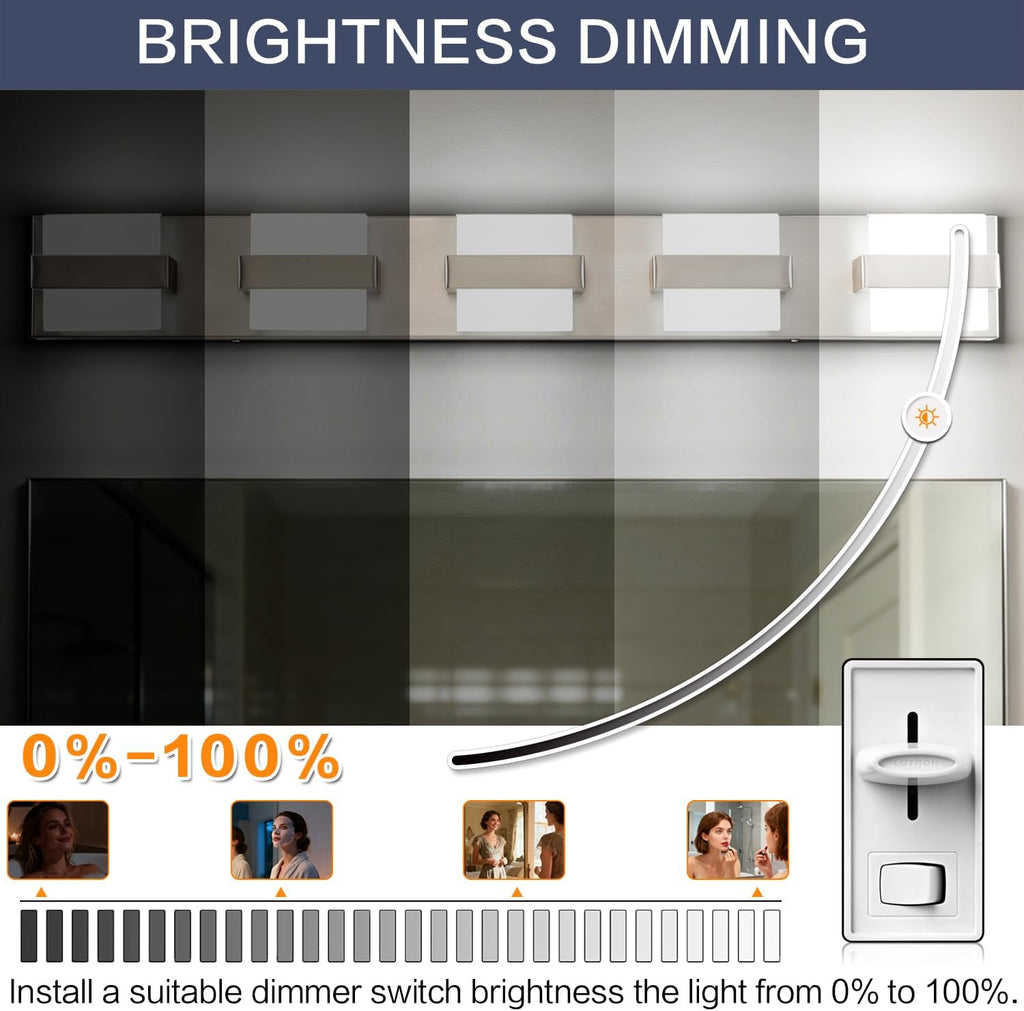 SOLFART 5-Light Bathroom Vanity Lights Over Mirror,Brushed-Nickel LED Modern Vanity Lights for Bathroom, Dimmable