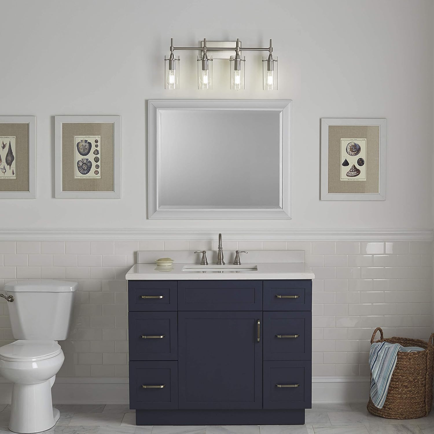 Linea di Liara Effimero Modern Farmhouse Bathroom Vanity Lights Fixtures 4 Lights Over Mirror Brushed Nickel Vanity Lights For Bathroom Light Fixtures Industrial Lighting Clear Glass Covers, UL Listed