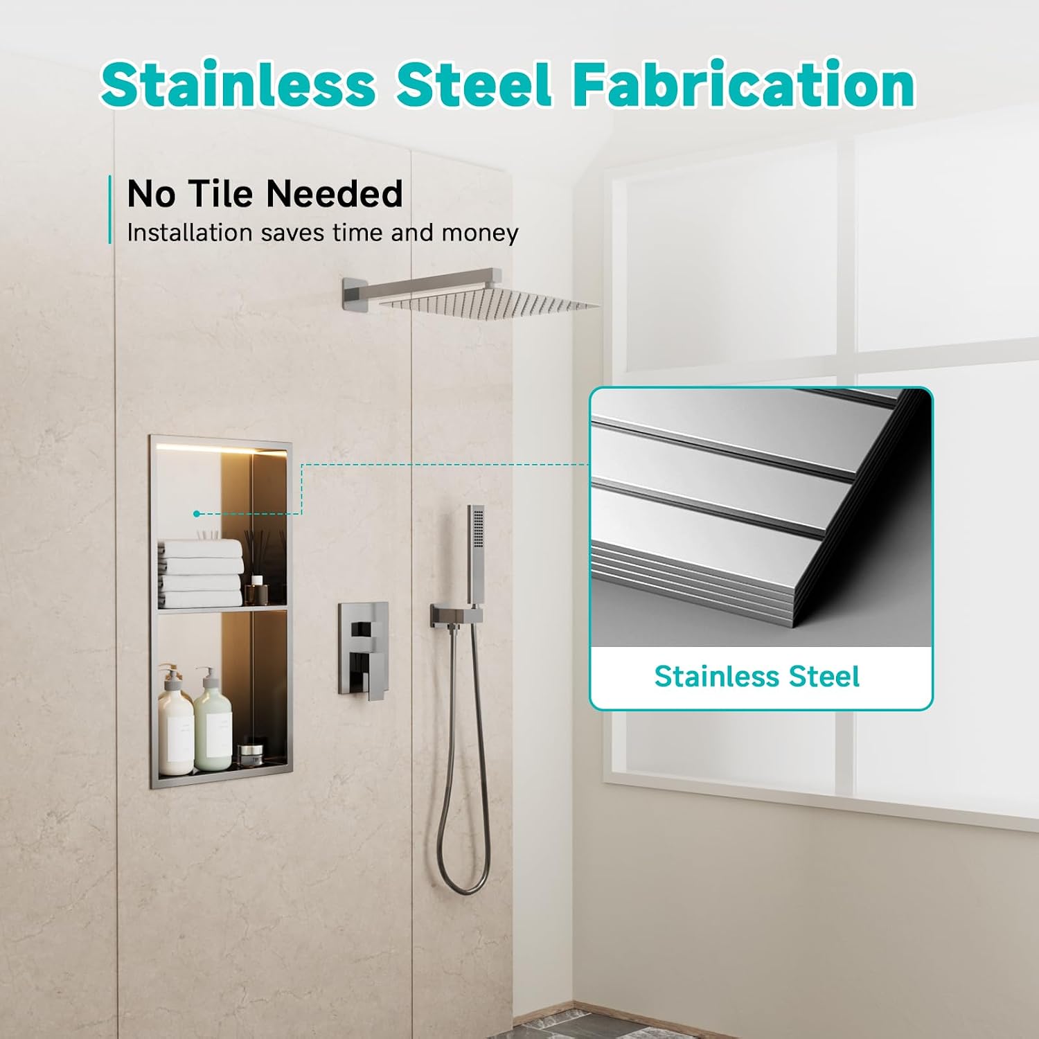 Stainless Steel LED Lights Shower Niche 12'x24' - No Tile Needed Double Shelves Recessed Wall Niche for Bathroom Storage, Brushed